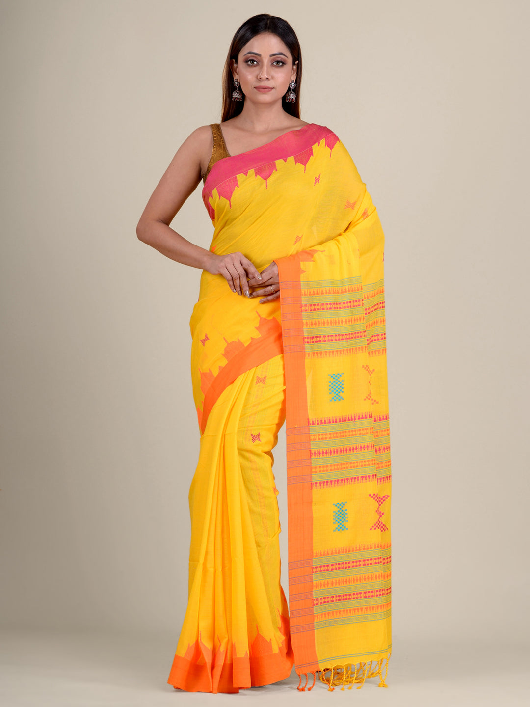Women's Yellow Hand Woven Cotton Saree With Temple Border And Unstitched Blouse-Sajasajo