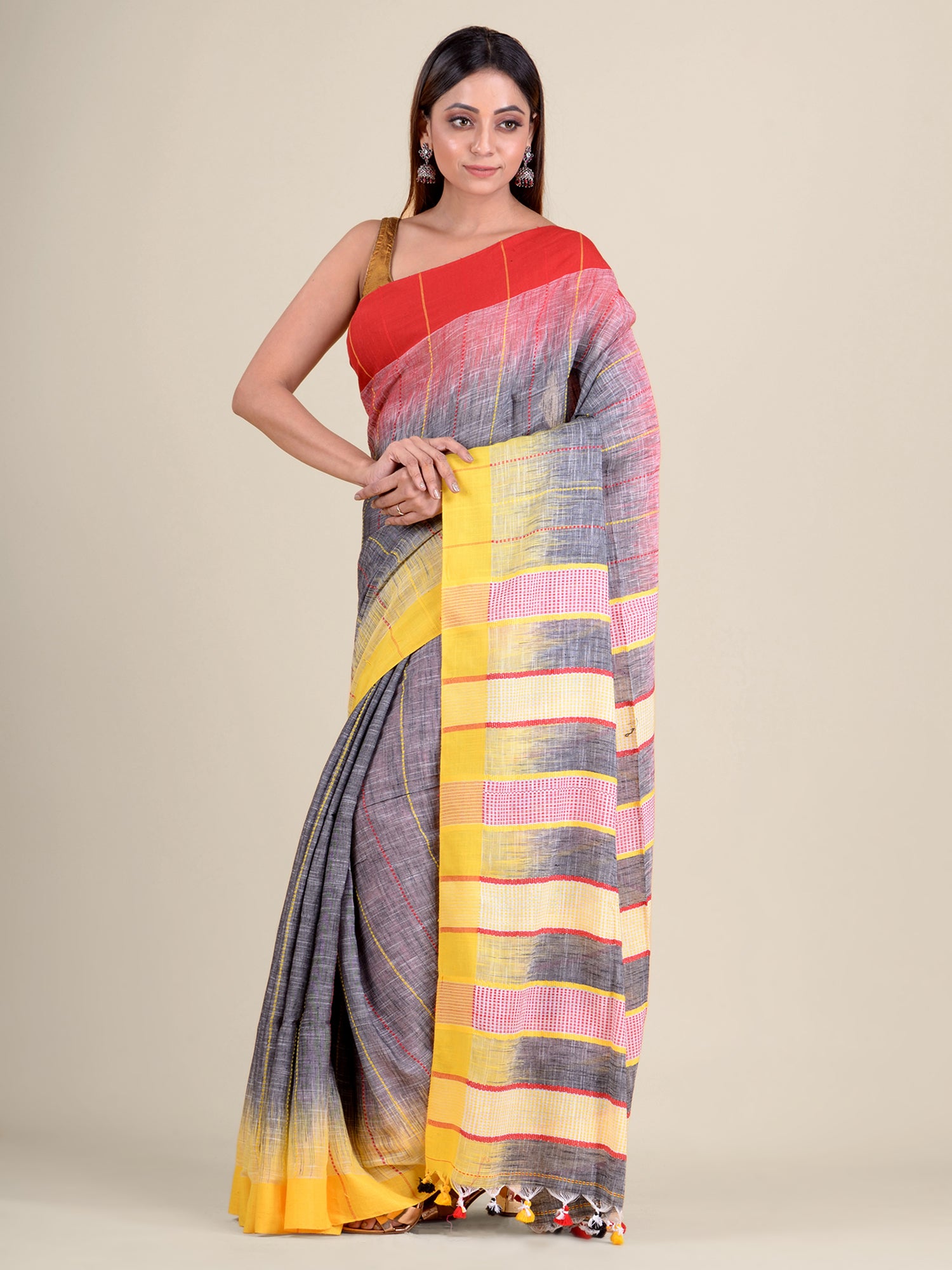 Women's Grey And Multicolor Hand Woven Soft Cotton Saree With Unstitched Blouse-Sajasajo