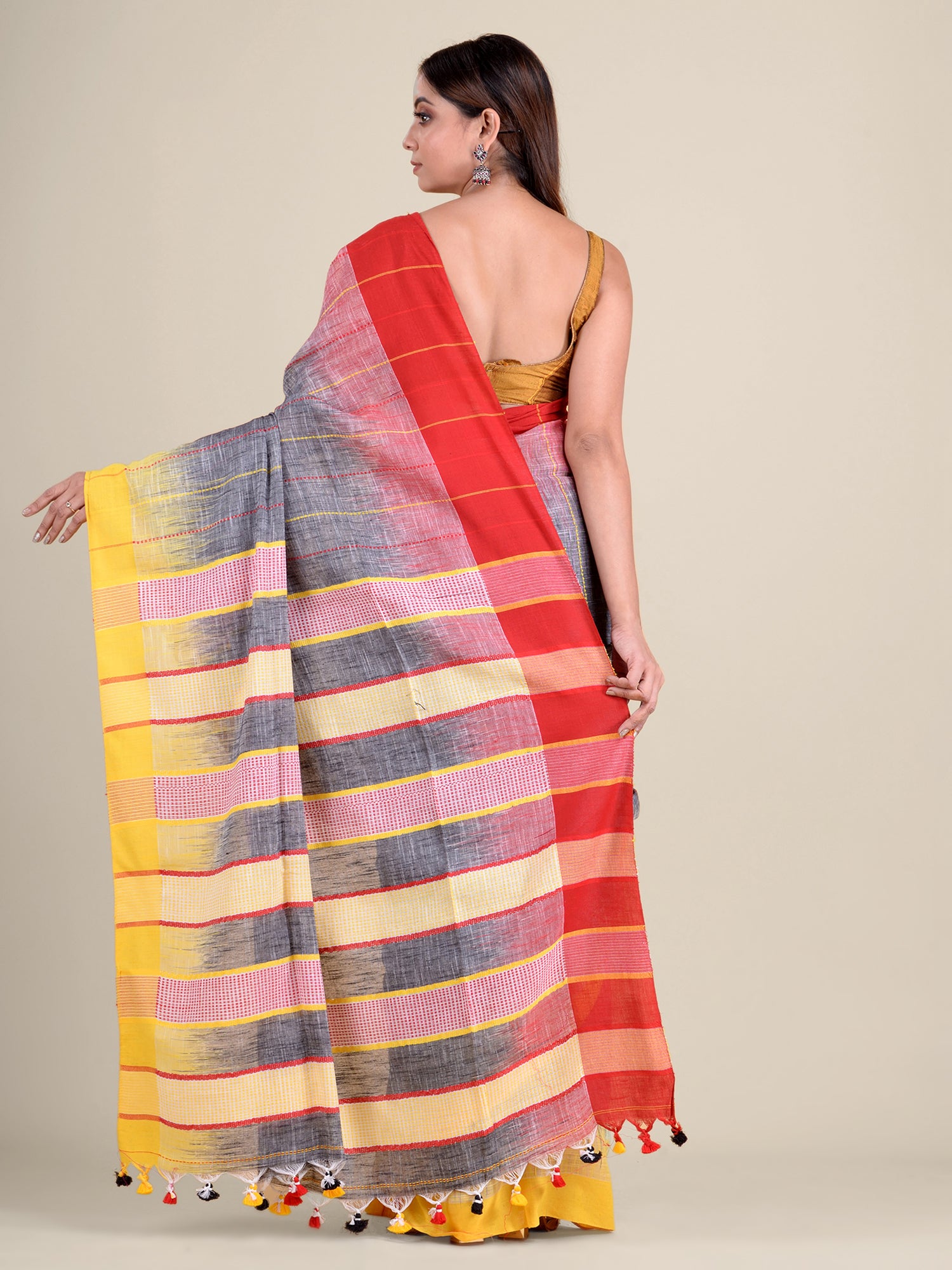 Women's Grey And Multicolor Hand Woven Soft Cotton Saree With Unstitched Blouse-Sajasajo