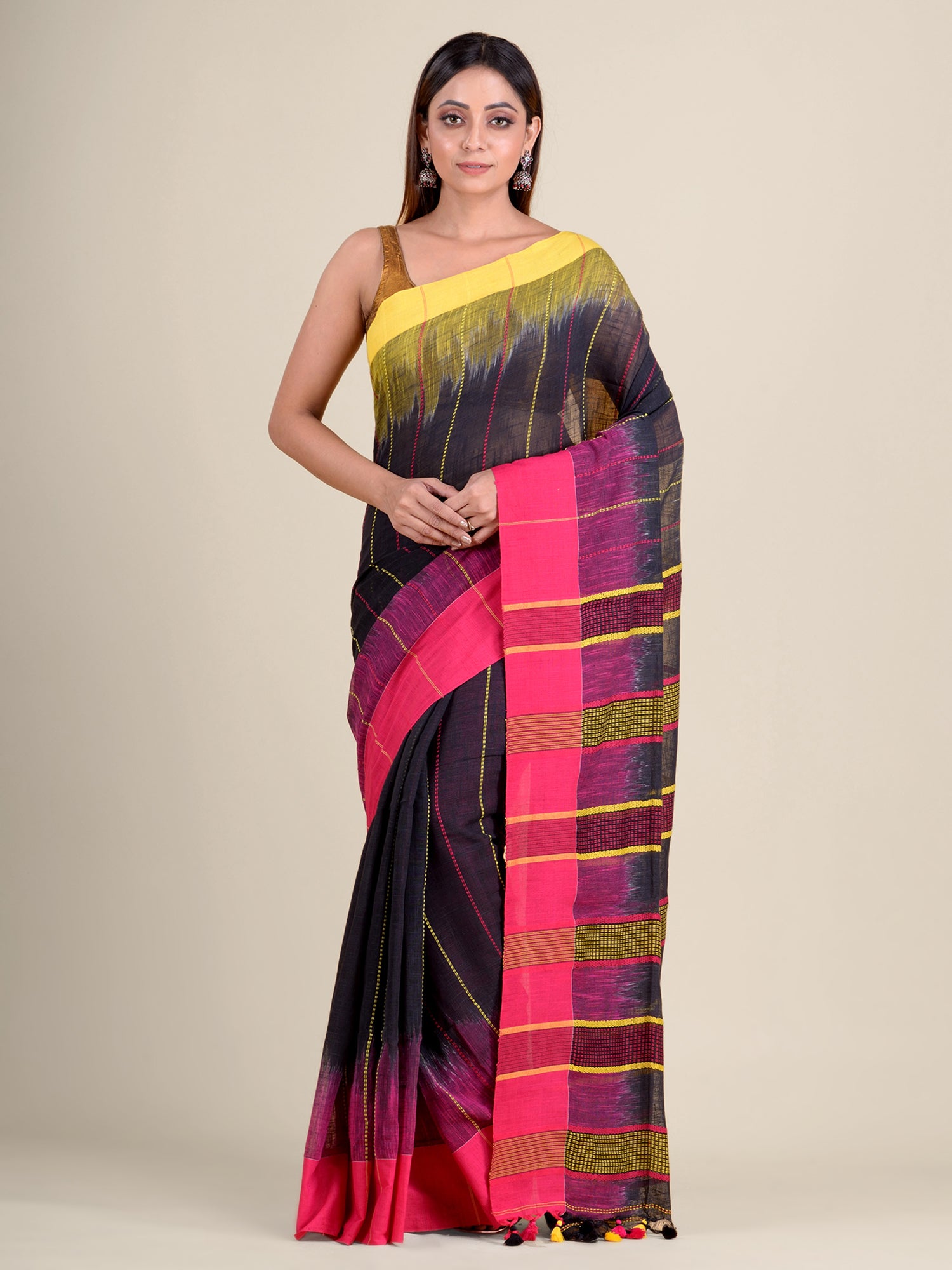 Women's Black Pure Cotton Hand Woven Saree With Pink And Yellow Border And Unstitched Blouse-Sajasajo
