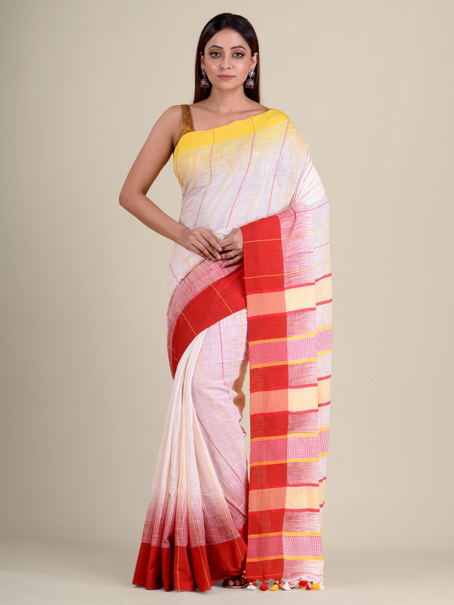Women's Off White Pure Cotton Hand Woven Saree With Red And Yellow Border And Unstitched Blouse-Sajasajo