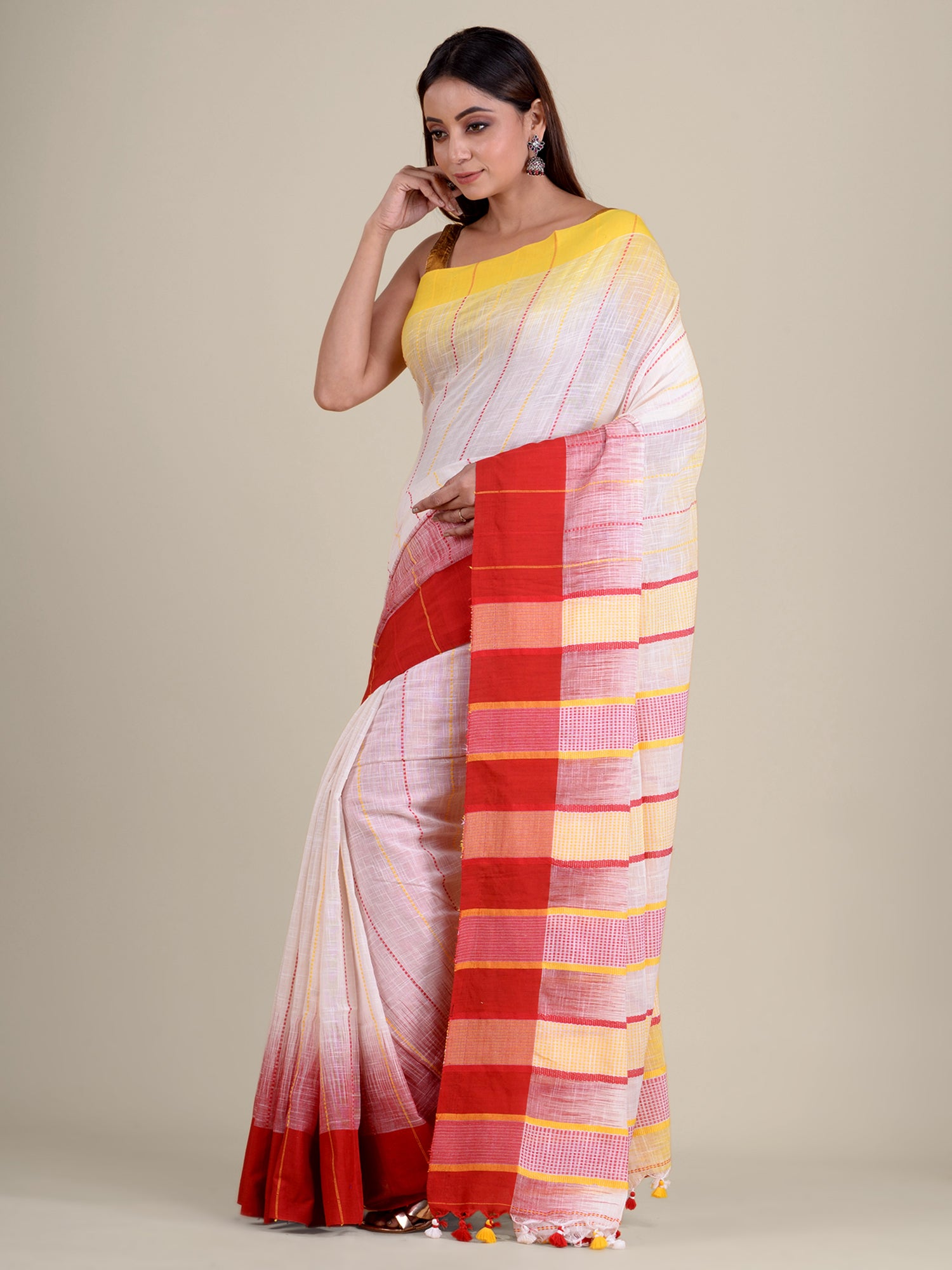 Women's Off White Pure Cotton Hand Woven Saree With Red And Yellow Border And Unstitched Blouse-Sajasajo