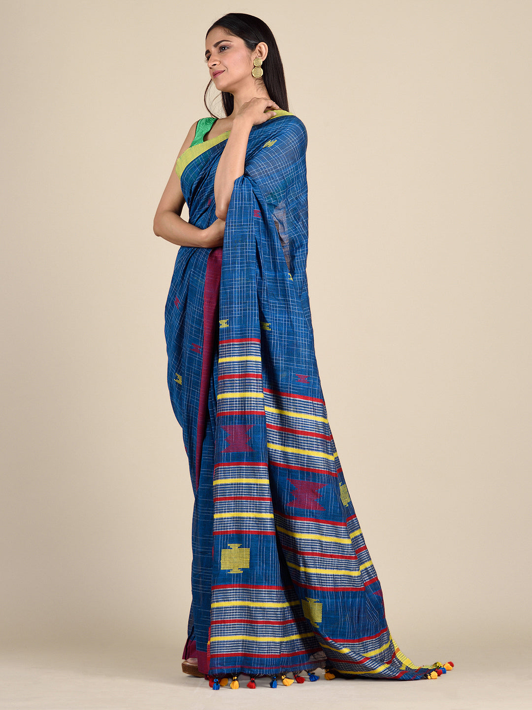 Women's Blue Pure Cotton Hand Woven Saree With Duel Border And Unstitched Blouse-Sajasajo