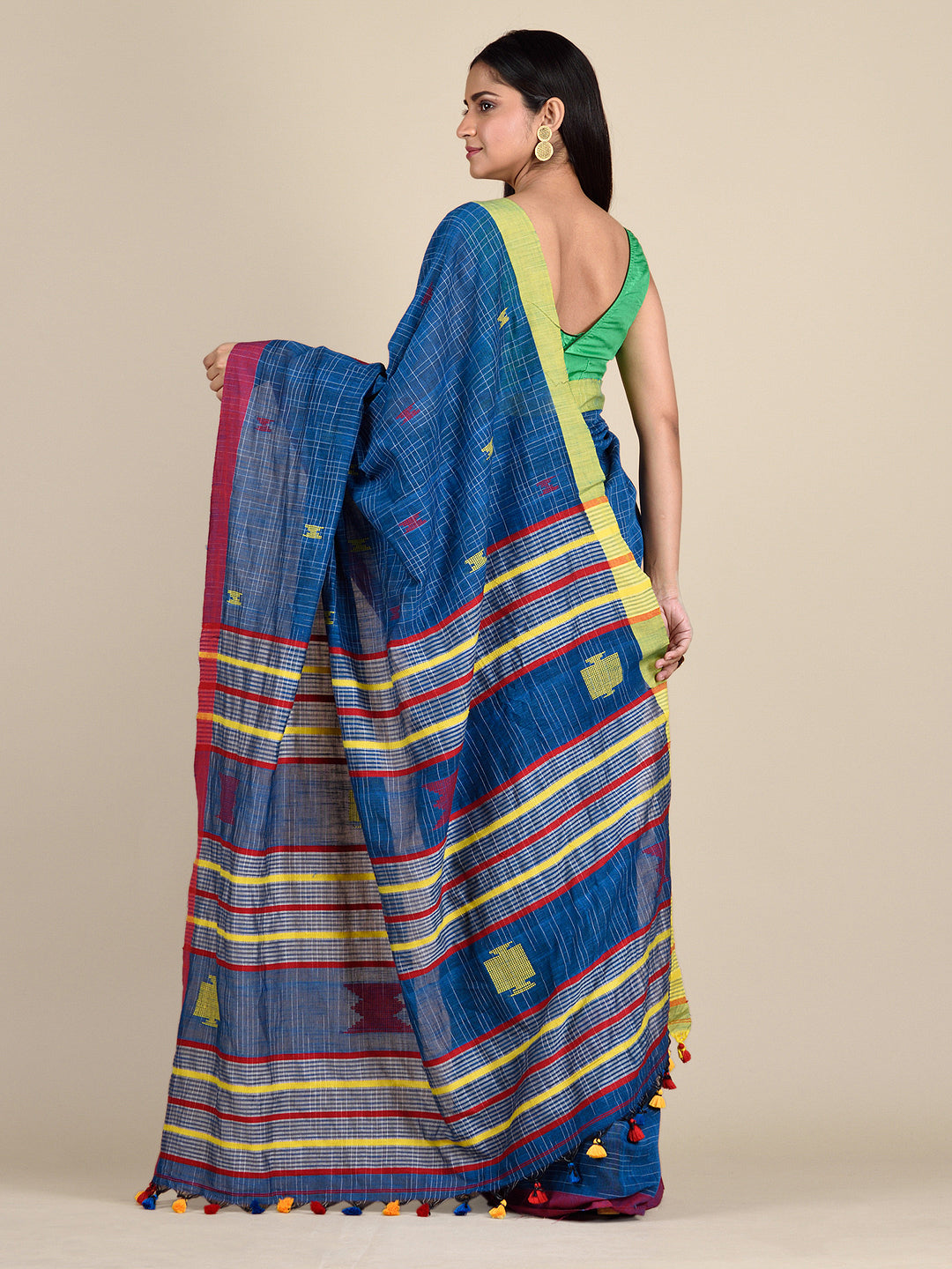 Women's Blue Pure Cotton Hand Woven Saree With Duel Border And Unstitched Blouse-Sajasajo