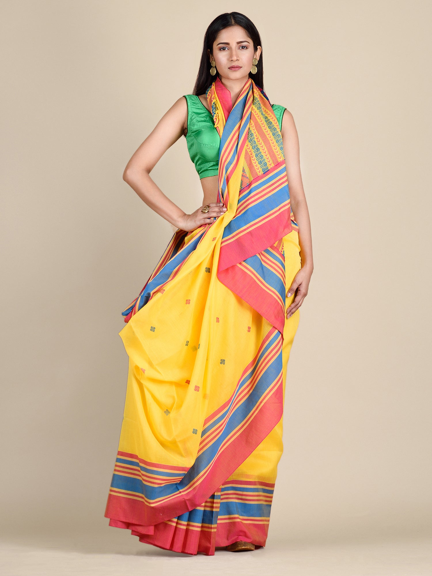 Women's Yellow Pure Cotton Hand Woven Saree With Multicolor Border And Unstitched Blouse-Sajasajo