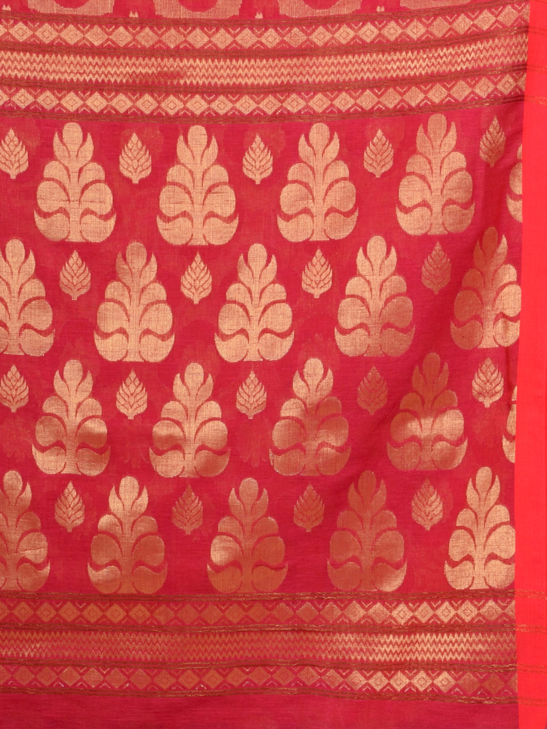Women's Red Organic Linen Hand Woven Saree With Floral Work All Over And Unstitched Blouse-Sajasajo
