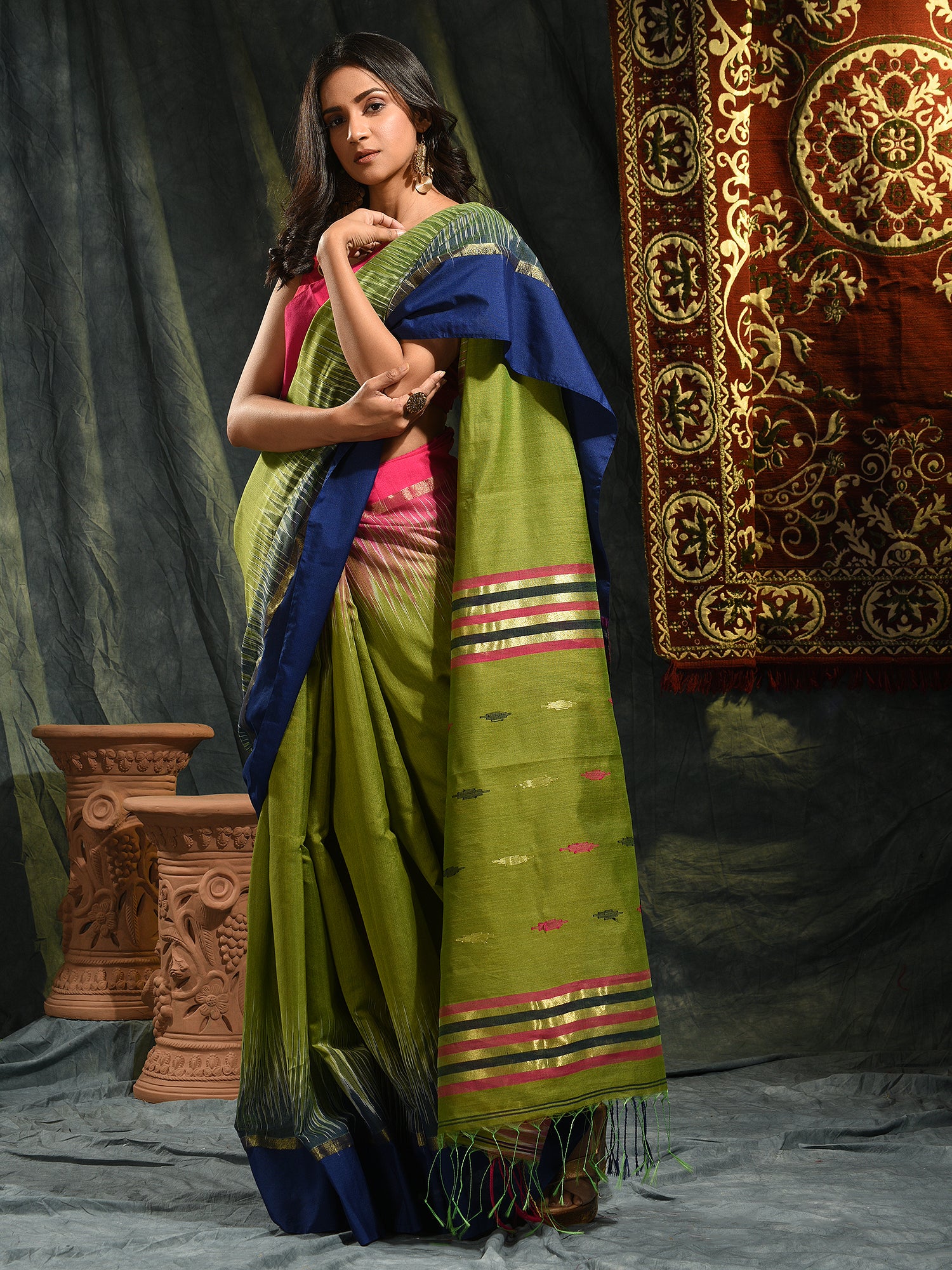 Women's Lemon Green Blended Cotton Hand Woven Saree And Unstitched Blouse-Sajasajo