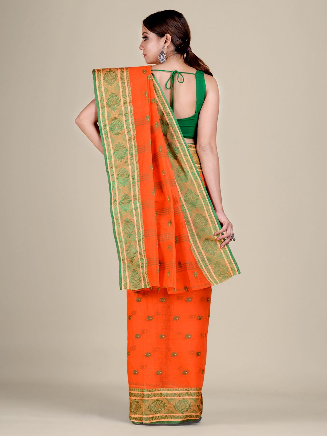 Women's Orange Cotton Hand Woven Tant Saree With Nakshi Border Without Blouse-Sajasajo