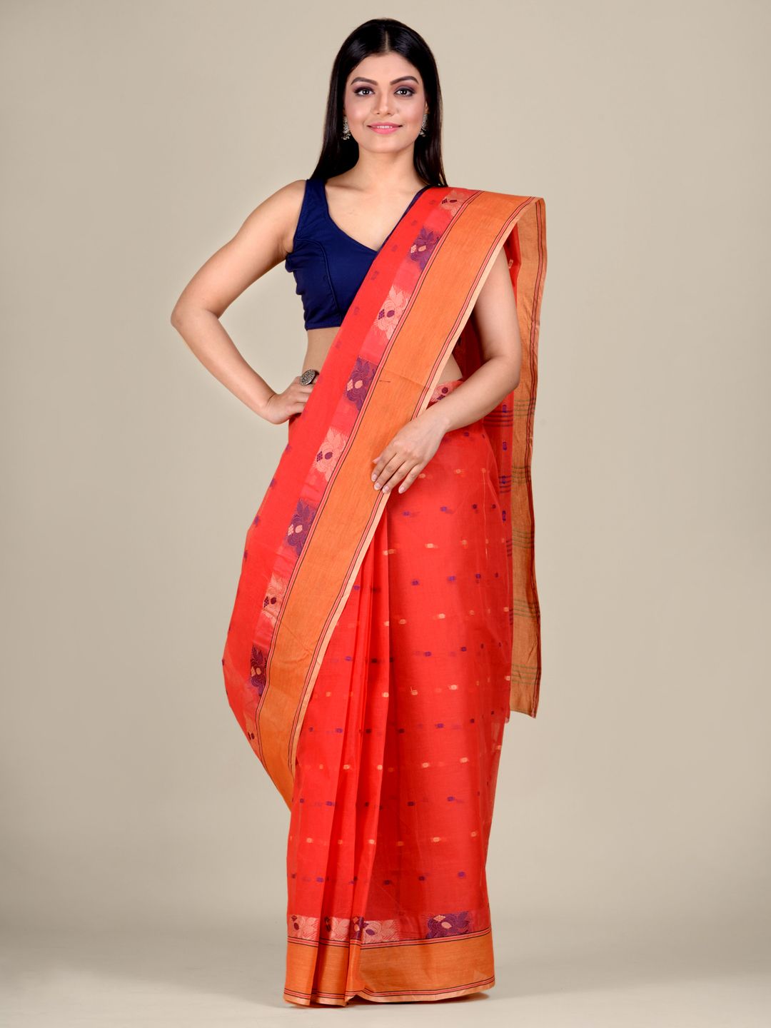 Women's Red Cotton Hand Woven Tant Saree With Orange Border Without Blouse-Sajasajo