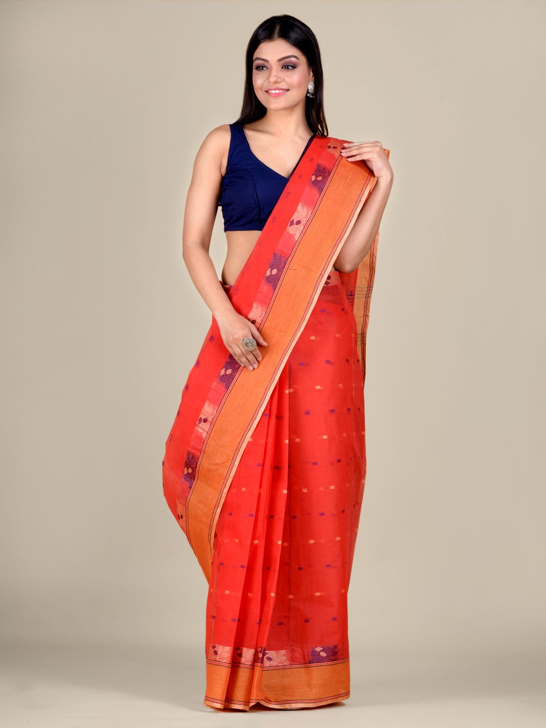 Women's Red Cotton Hand Woven Tant Saree With Orange Border Without Blouse-Sajasajo