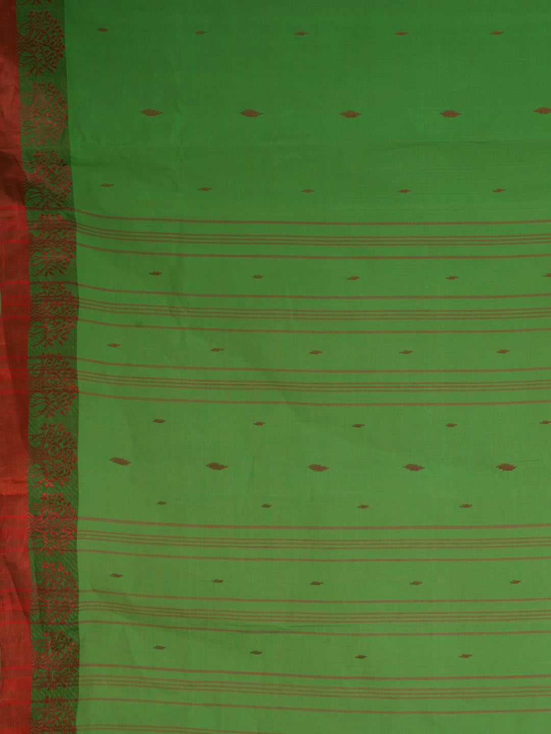 Women's Green Cotton Hand Woven Tant Saree With Red Border Without Blouse-Sajasajo