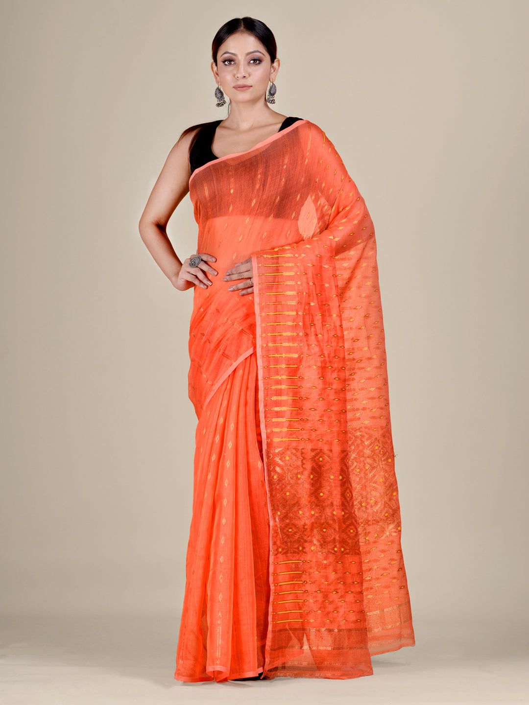 Women's Orange Silk Cotton Handwoven Soft Jamdani Saree With Zari Work Without Blouse-Sajasajo