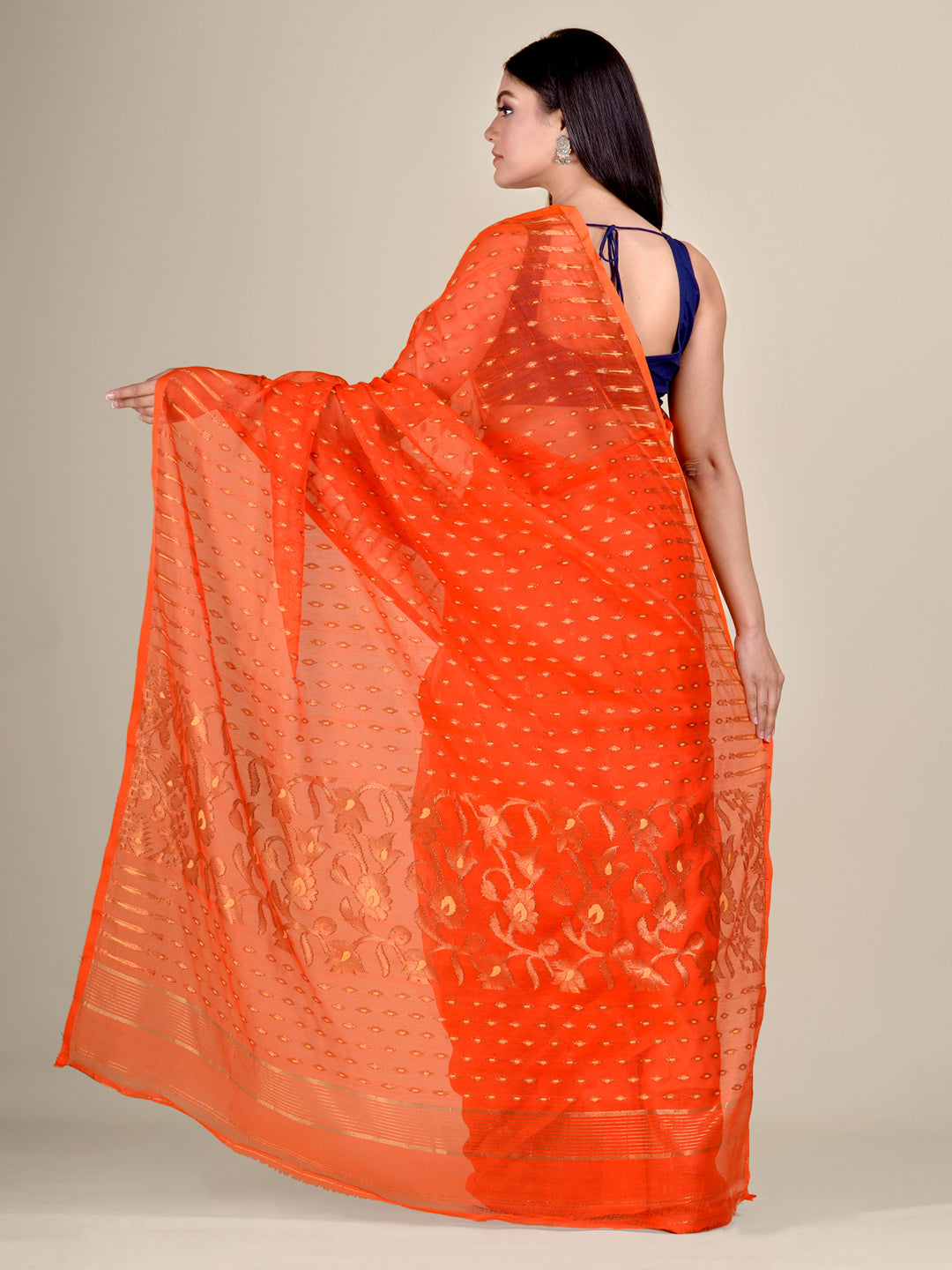 Women's Orange Silk Cotton Handwoven Soft Jamdani Saree With Floral Zari Work Without Blouse-Sajasajo