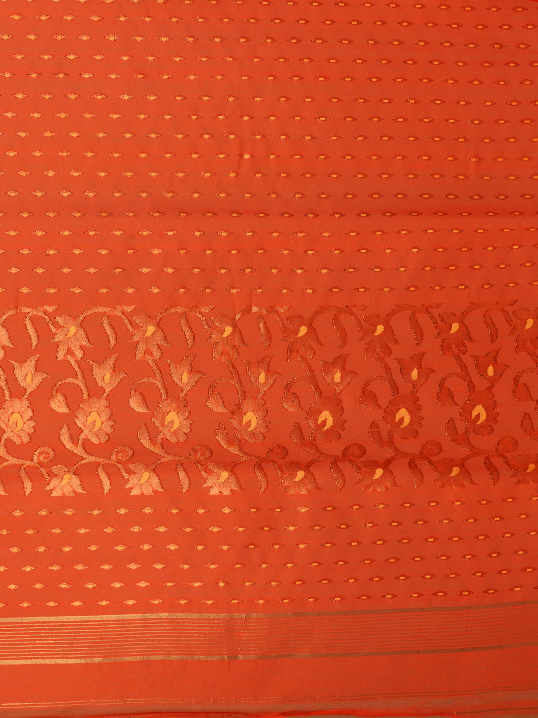 Women's Orange Silk Cotton Handwoven Soft Jamdani Saree With Floral Zari Work Without Blouse-Sajasajo