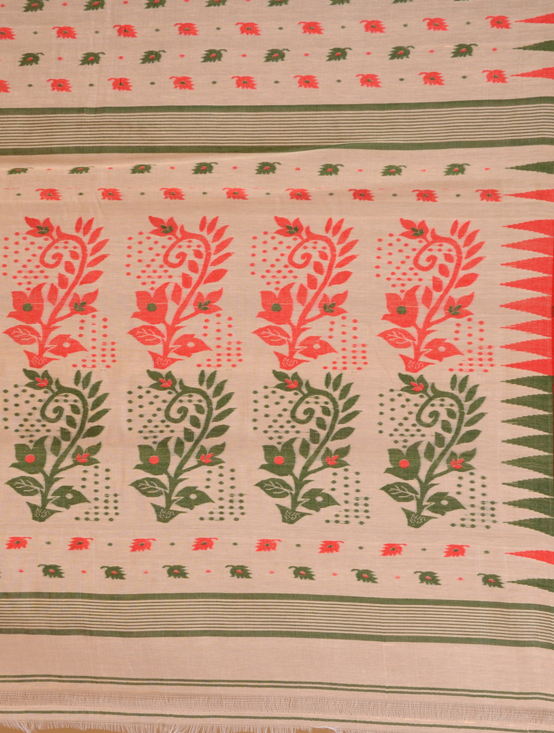 Women's Beige Silk Cotton Handwoven Soft Jamdani Saree With Temple Border Without Blouse-Sajasajo