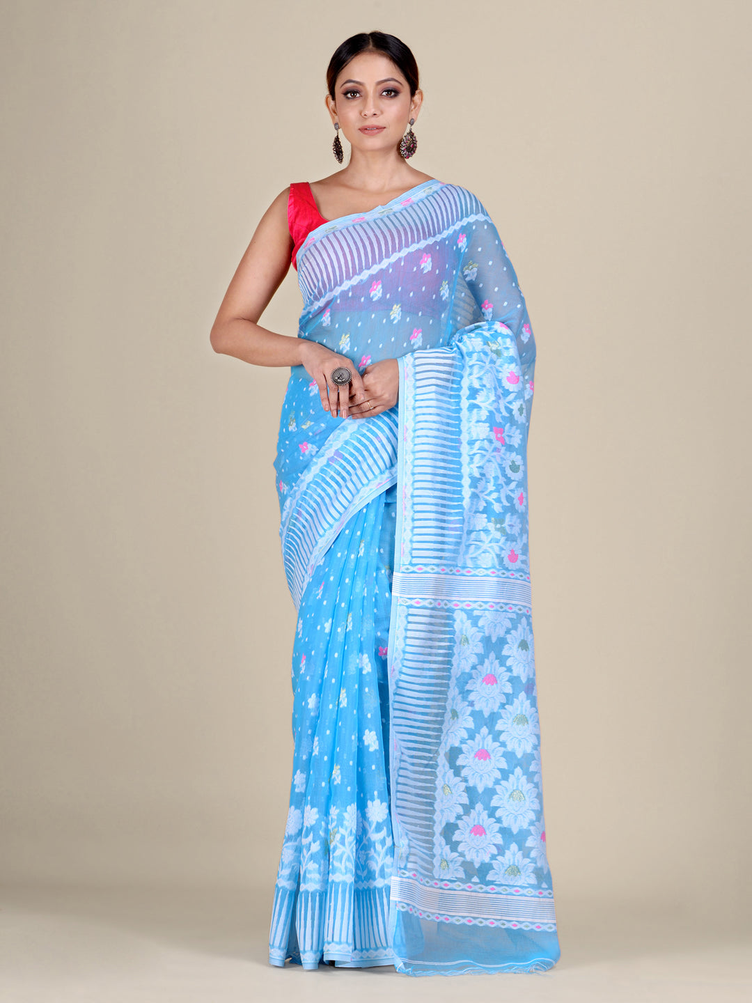 Women's Terquoise Blue Silk Cotton Handwoven Soft Jamdani Saree Without Blouse-Sajasajo