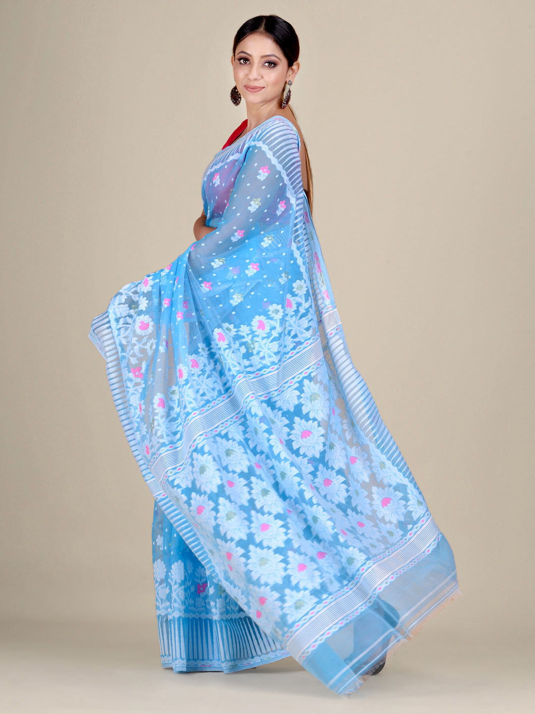 Women's Terquoise Blue Silk Cotton Handwoven Soft Jamdani Saree Without Blouse-Sajasajo