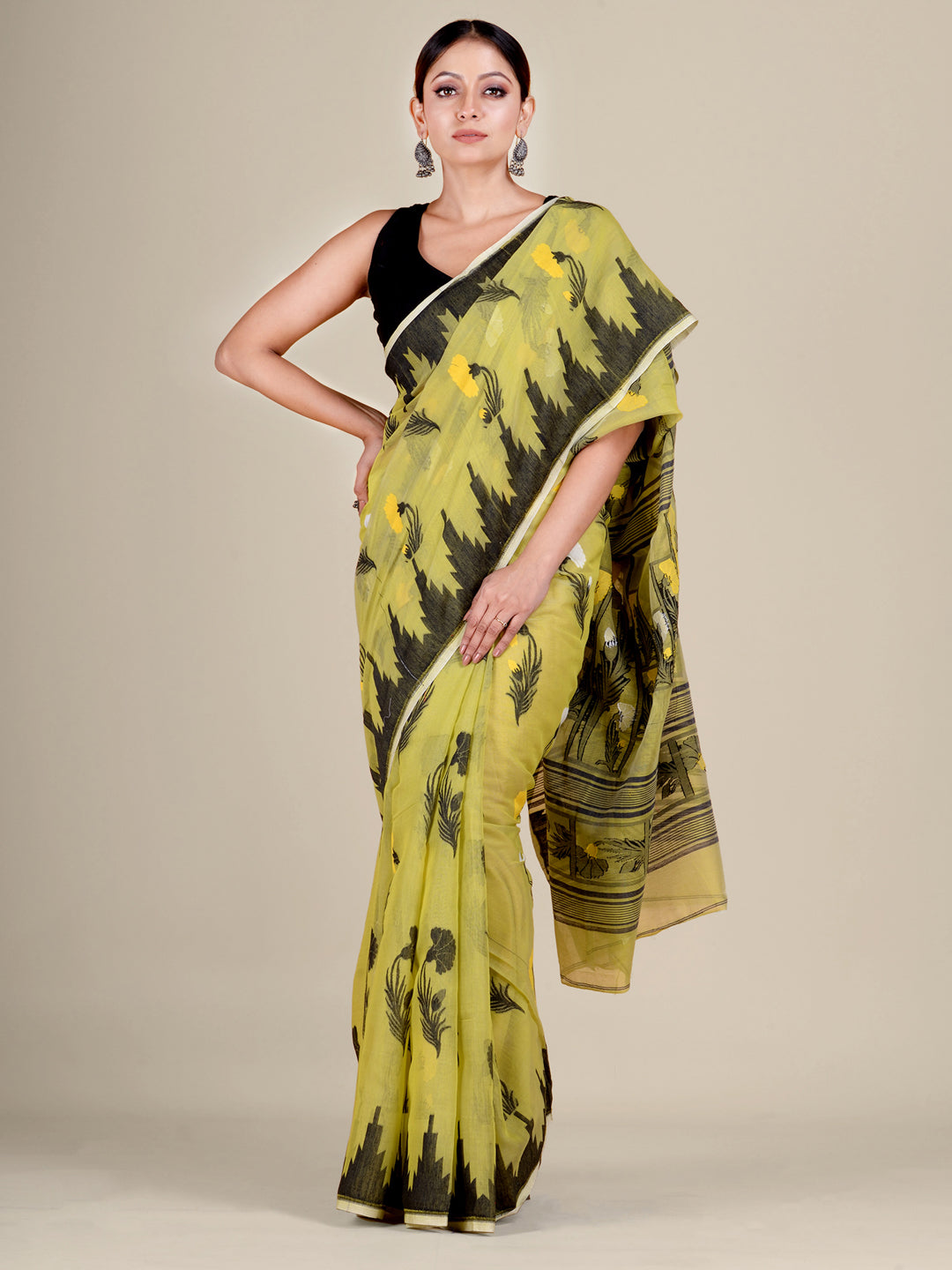 Women's Yellow And Black Silk Cotton Handwoven Soft Jamdani Saree With Zari Work Without Blouse-Sajasajo