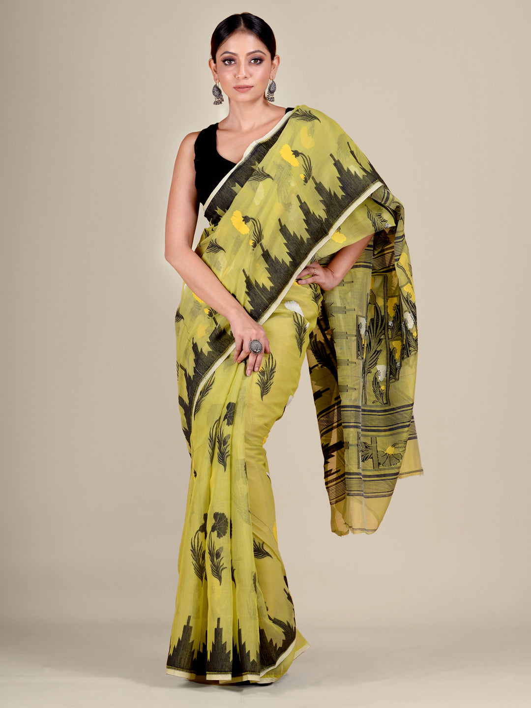 Women's Yellow And Black Silk Cotton Handwoven Soft Jamdani Saree With Zari Work Without Blouse-Sajasajo