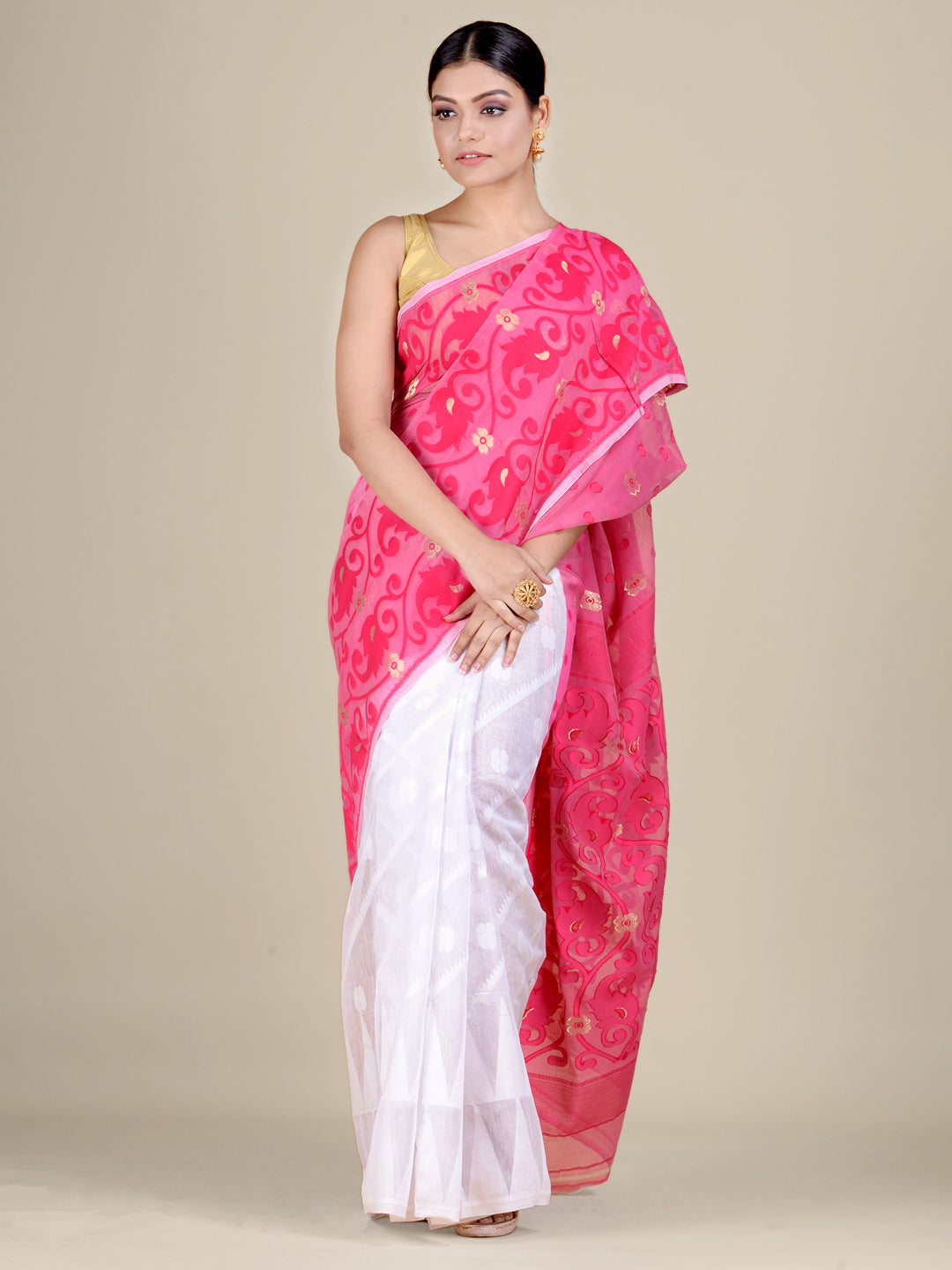 Women's White And Pink Half Half Silk Cotton Handwoven Soft Jamdani Saree Without Blouse-Sajasajo