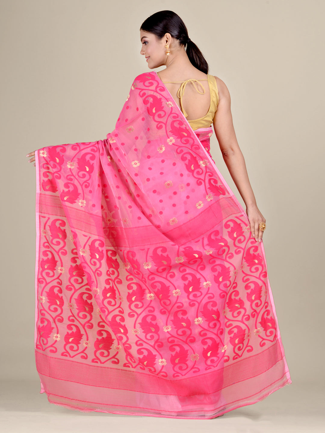 Women's White And Pink Half Half Silk Cotton Handwoven Soft Jamdani Saree Without Blouse-Sajasajo