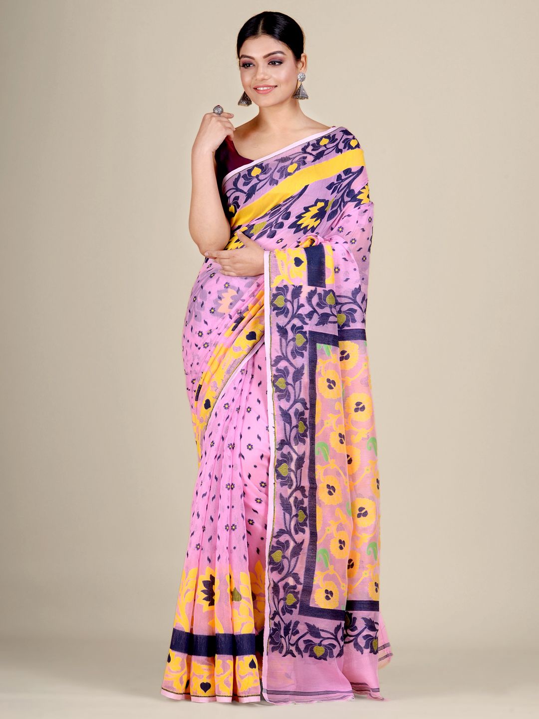 Women's Pink And Multicolor Silk Cotton Handwoven Soft Jamdani Saree Without Blouse-Sajasajo