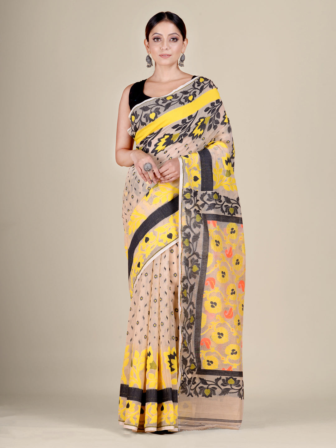 Women's Beige And Multicolor Silk Cotton Handwoven Soft Jamdani Saree Without Blouse-Sajasajo