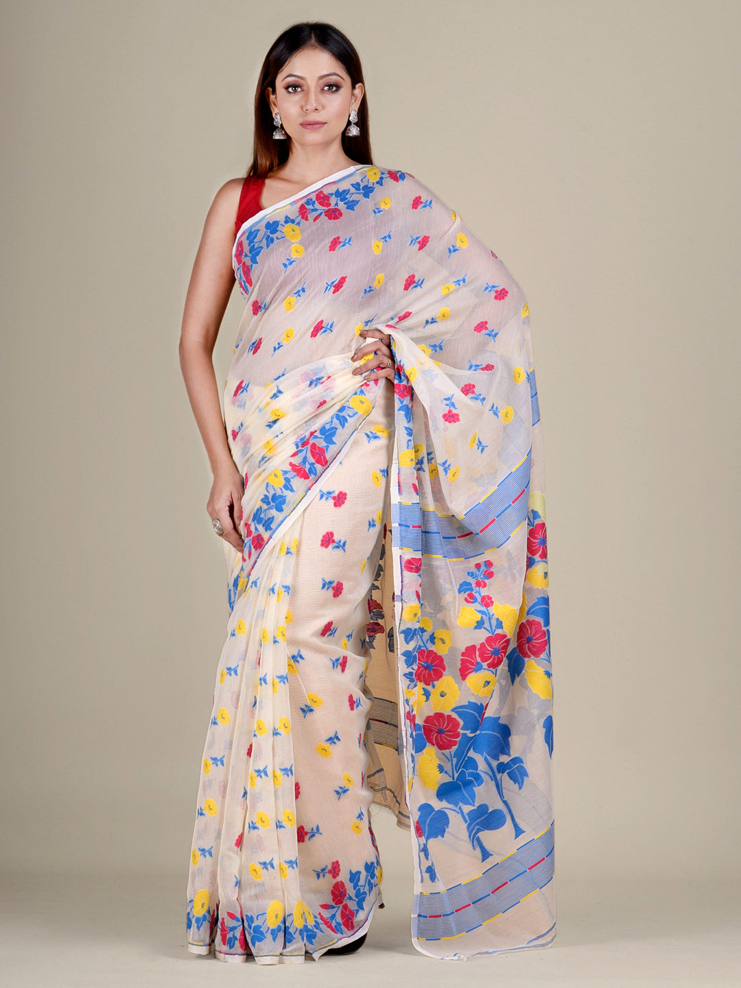 Women's Ivory White And Multicolor Silk Cotton Handwoven Soft Jamdani Saree Without Blouse-Sajasajo