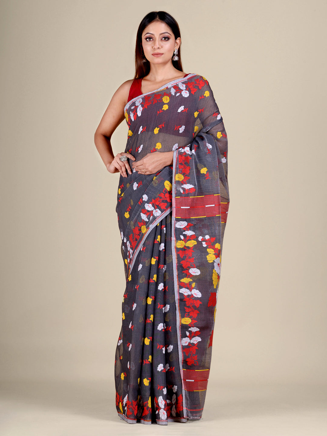 Women's Grey And Red Silk Cotton Handwoven Soft Jamdani Saree Without Blouse-Sajasajo