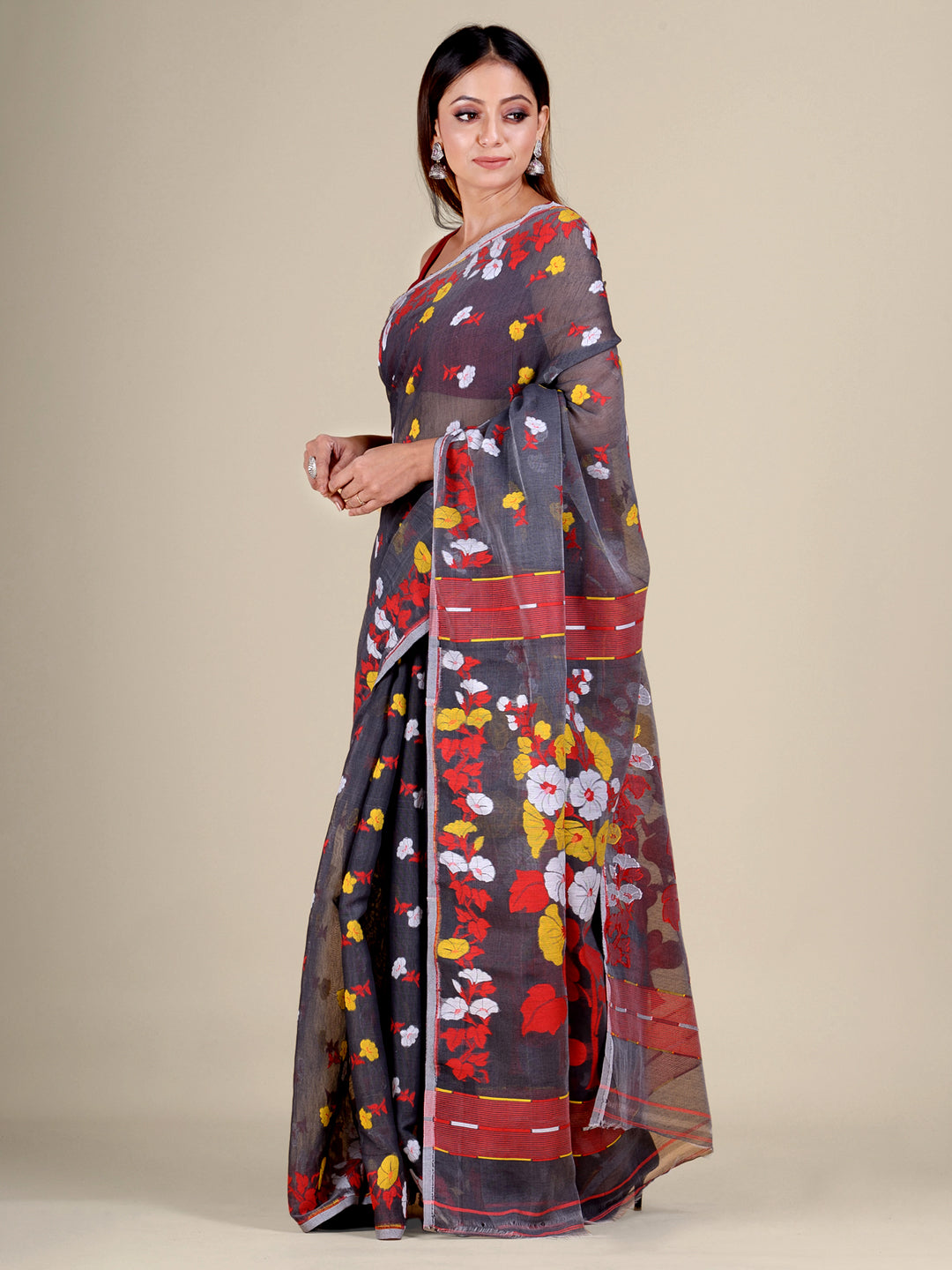 Women's Grey And Red Silk Cotton Handwoven Soft Jamdani Saree Without Blouse-Sajasajo