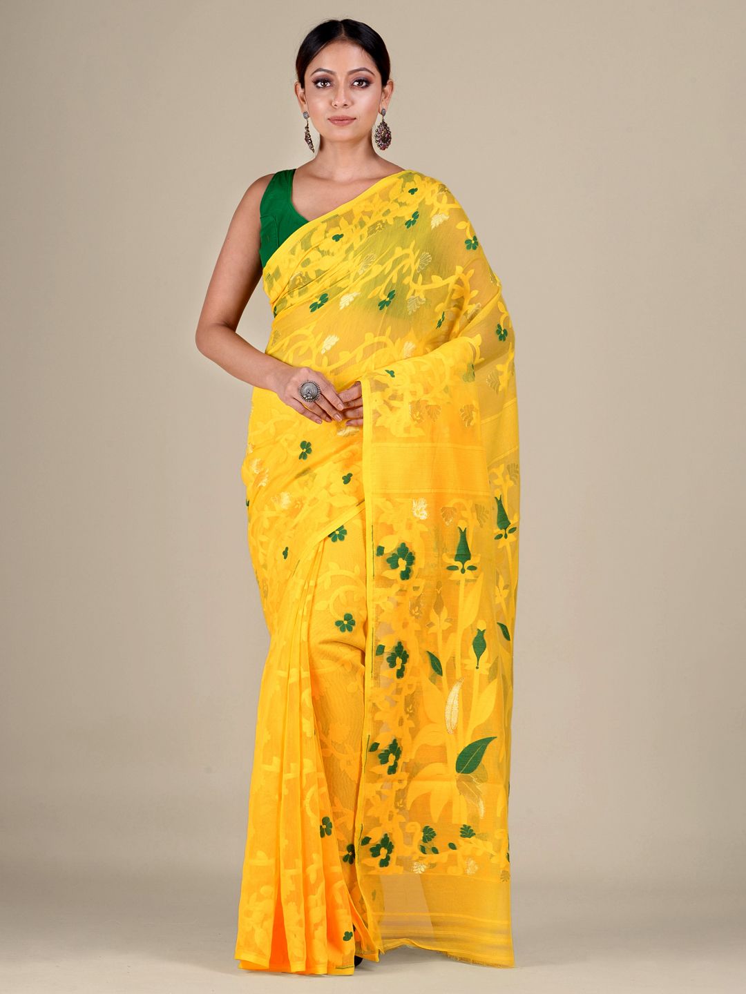 Women's Yellow And Green Silk Cotton Handwoven Soft Jamdani Saree Without Blouse-Sajasajo