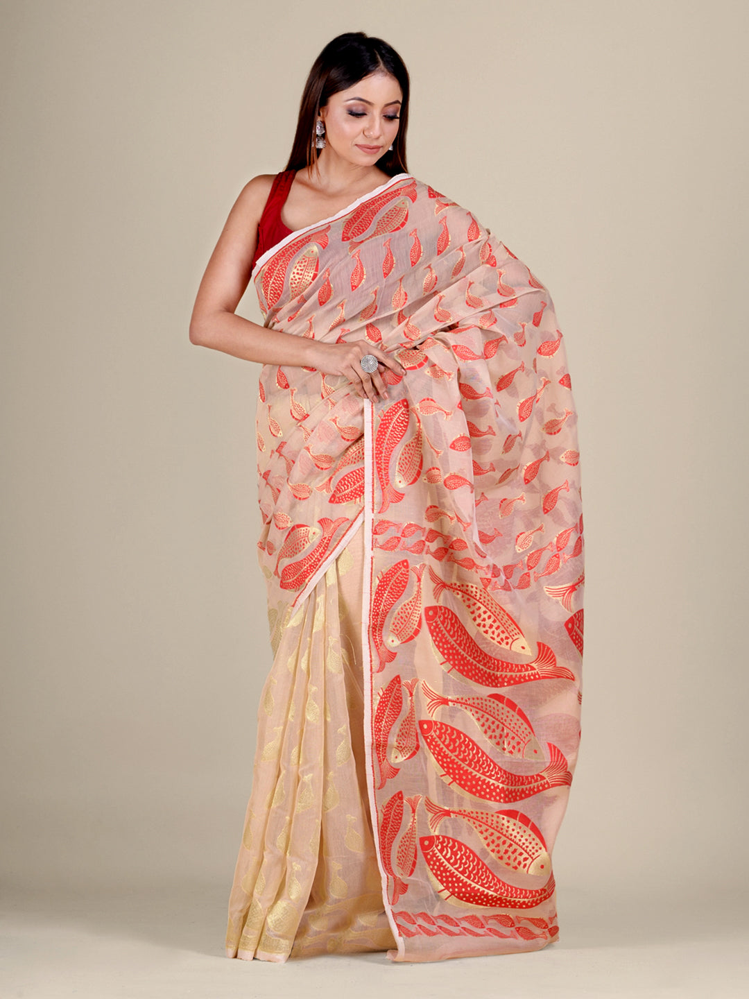 Women's Beige And Golden Silk Cotton Handwoven Soft Jamdani Saree Without Blouse-Sajasajo