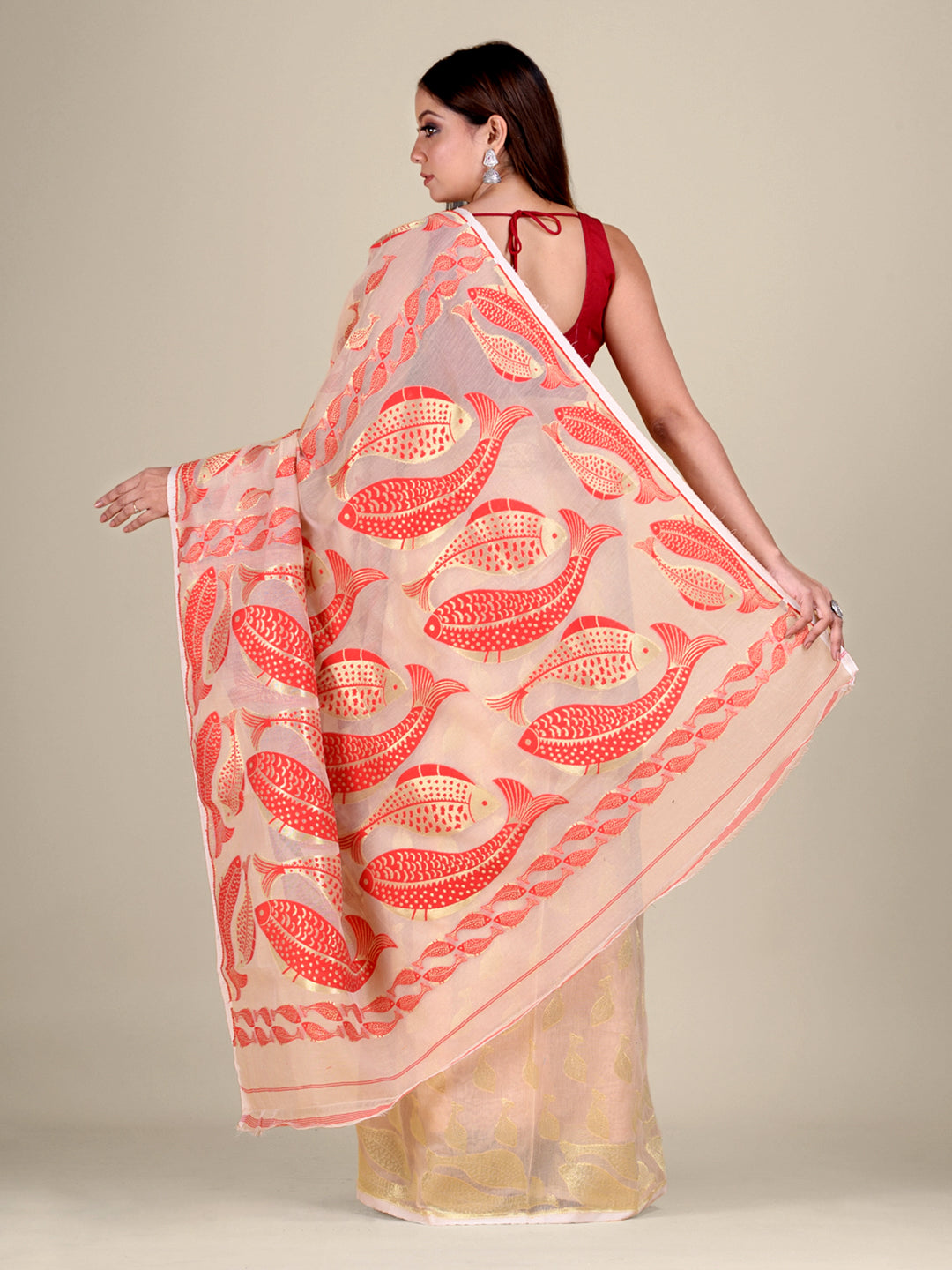 Women's Beige And Golden Silk Cotton Handwoven Soft Jamdani Saree Without Blouse-Sajasajo