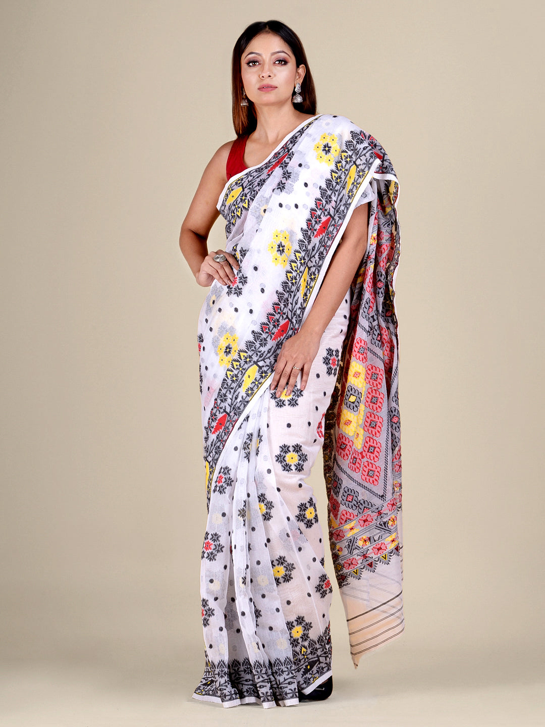 Women's White And Multicolor Silk Cotton Handwoven Soft Jamdani Saree Without Blouse-Sajasajo