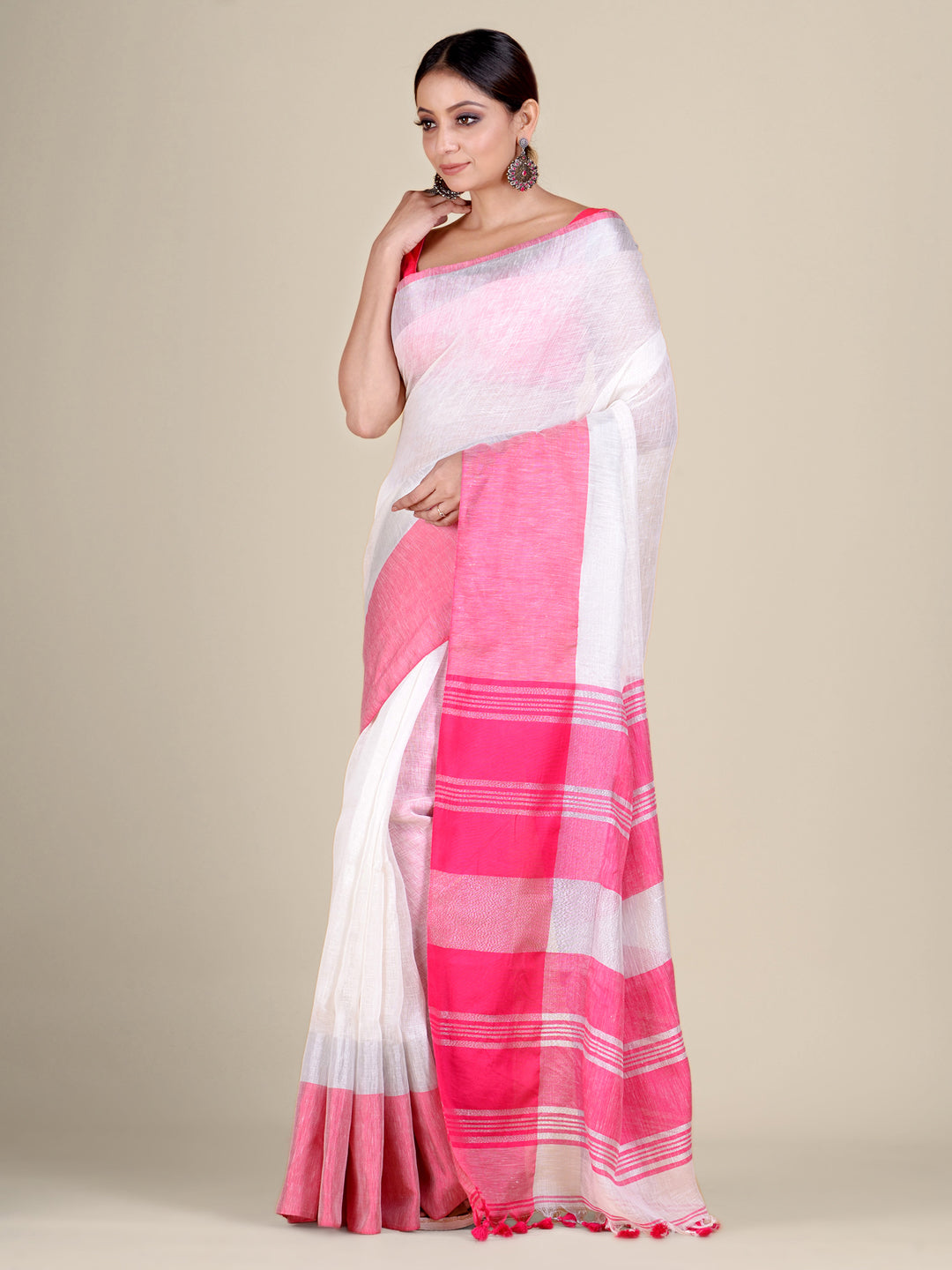 Women's White And Pink Linen Handwoven Saree With Unstitched Blouse-Sajasajo