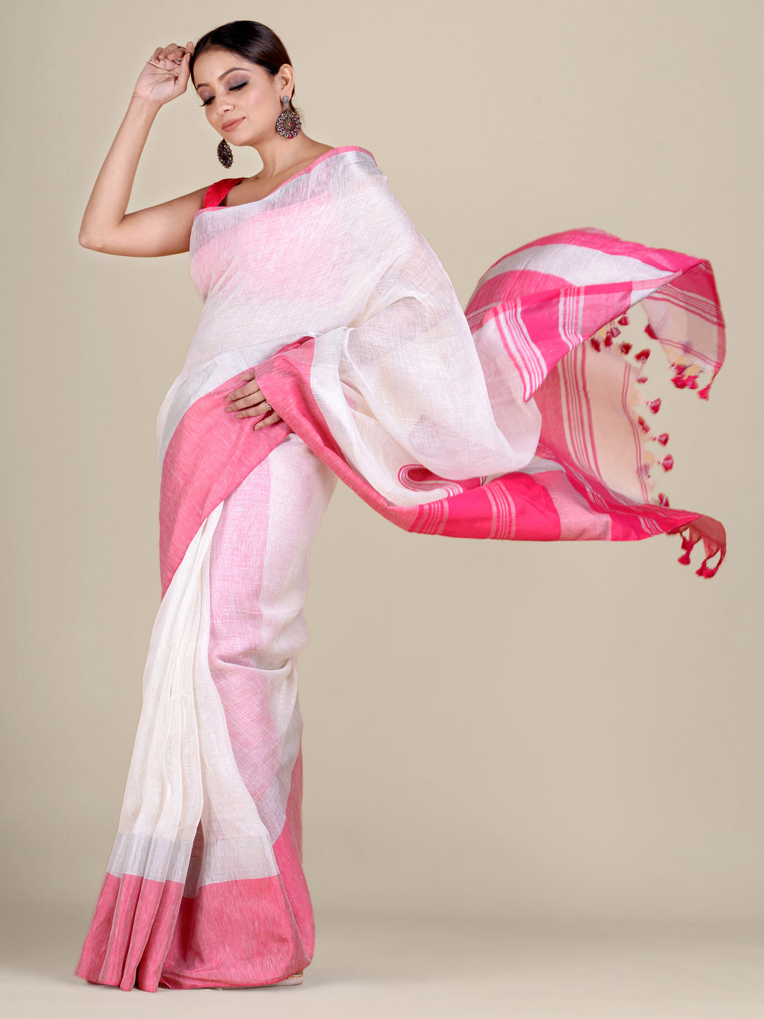 Women's White And Pink Linen Handwoven Saree With Unstitched Blouse-Sajasajo