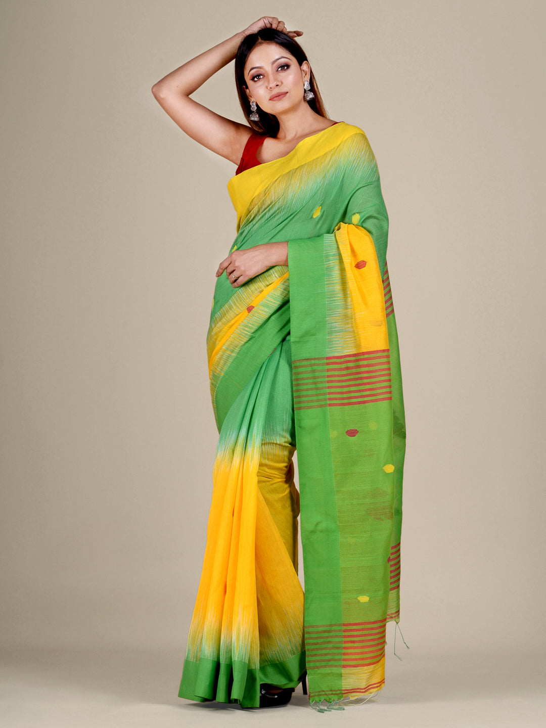 Women's Green & Yellow Blended Cotton Handwoven Soft Saree With Ikkat Design With Unstitched Blouse-Sajasajo