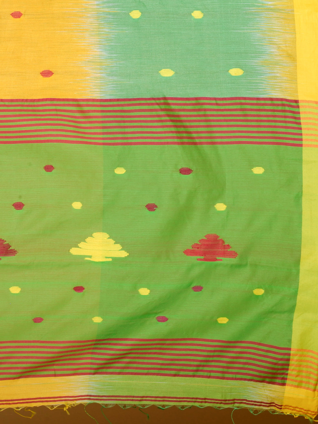 Women's Green & Yellow Blended Cotton Handwoven Soft Saree With Ikkat Design With Unstitched Blouse-Sajasajo