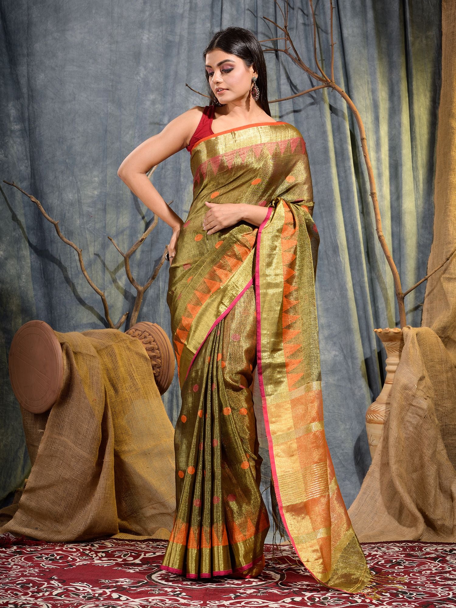 Women's Golden Tissue Linen Handwoven Saree with Unstitched Blouse-Sajasajo