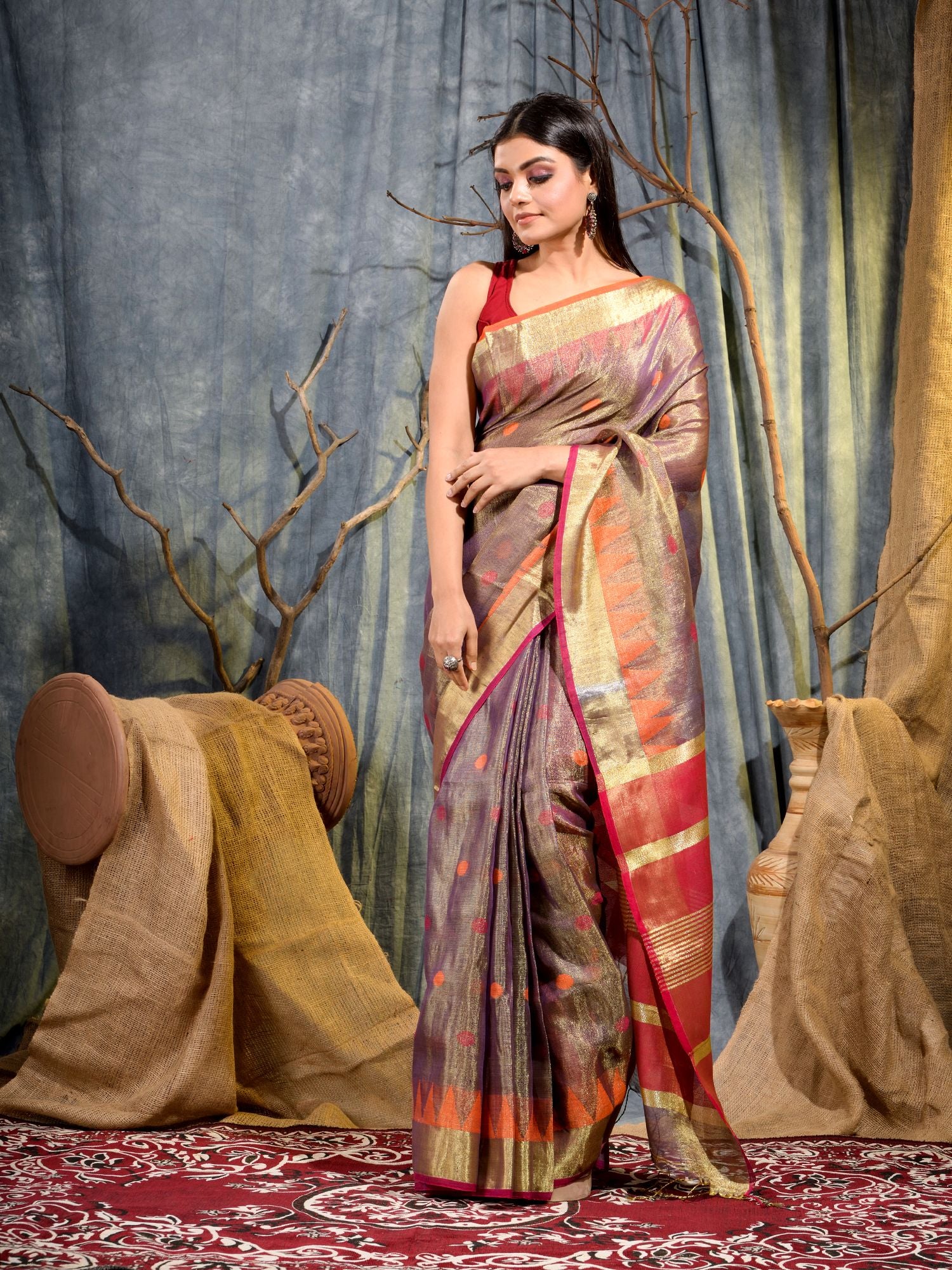 Women's Brown Tissue Linen Handwoven Saree with Unstitched Blouse-Sajasajo