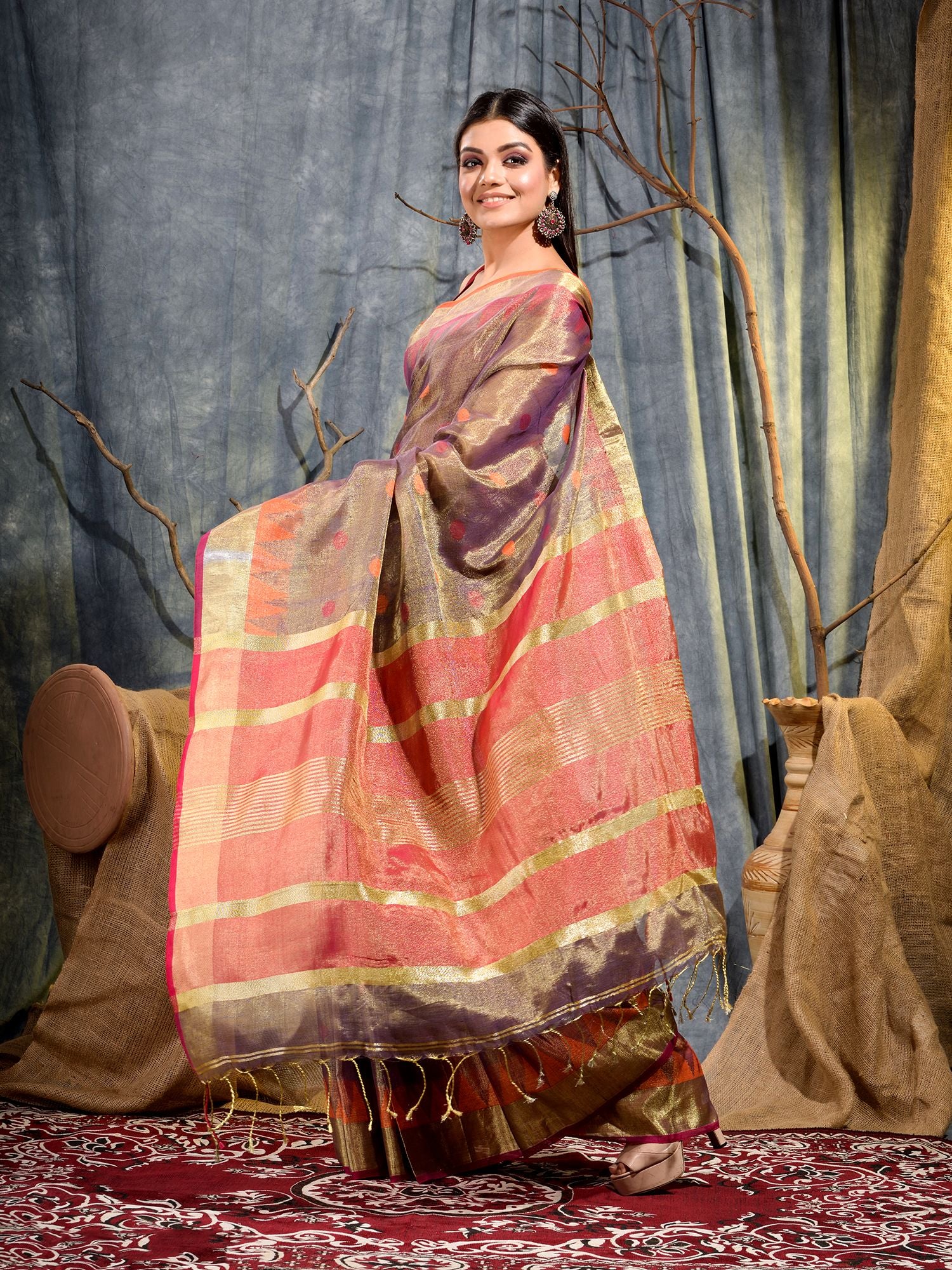 Women's Brown Tissue Linen Handwoven Saree with Unstitched Blouse-Sajasajo