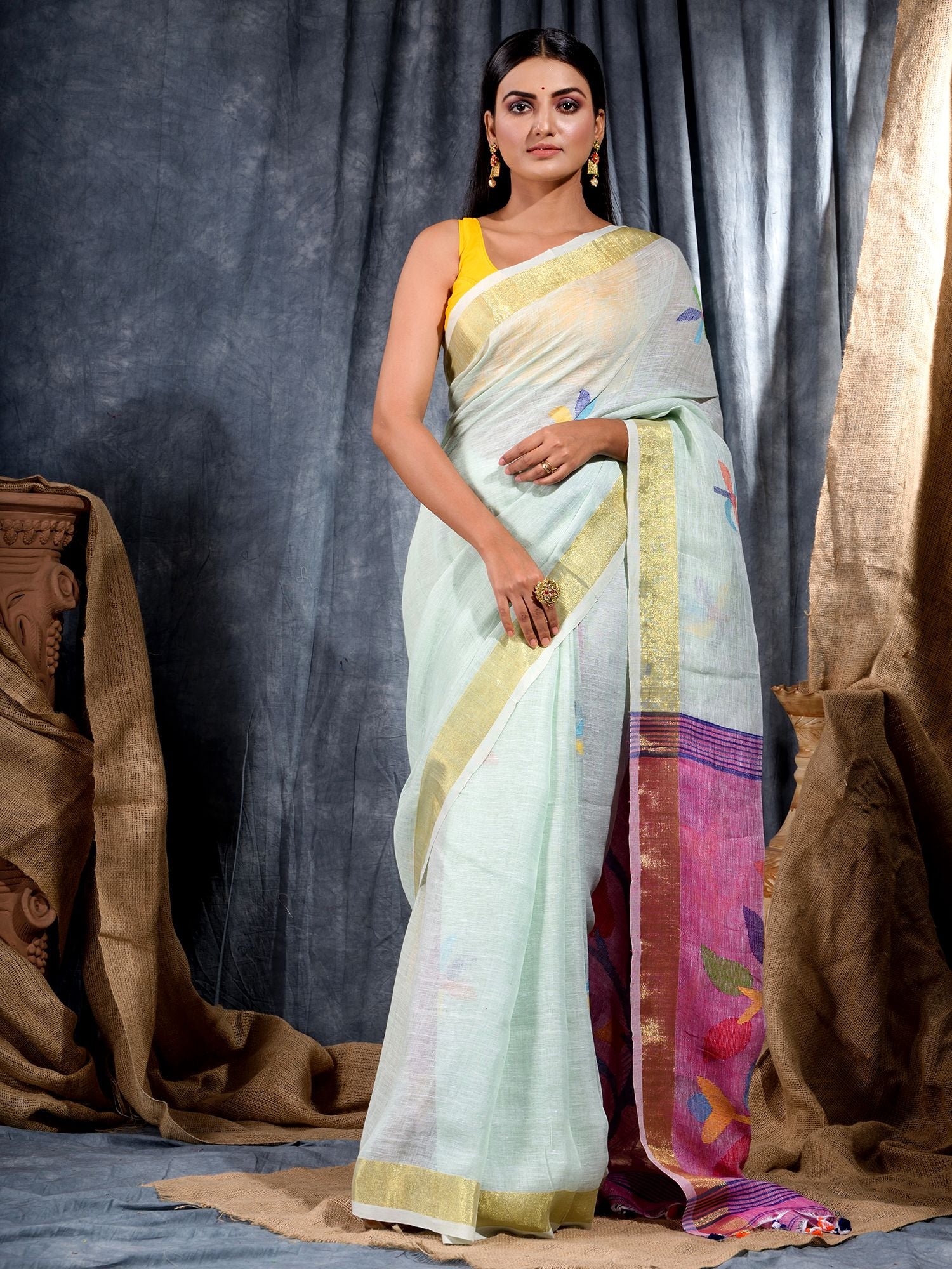 Women's Sky Blue Handwoven Linen Saree with Unstitched Blouse-Sajasajo