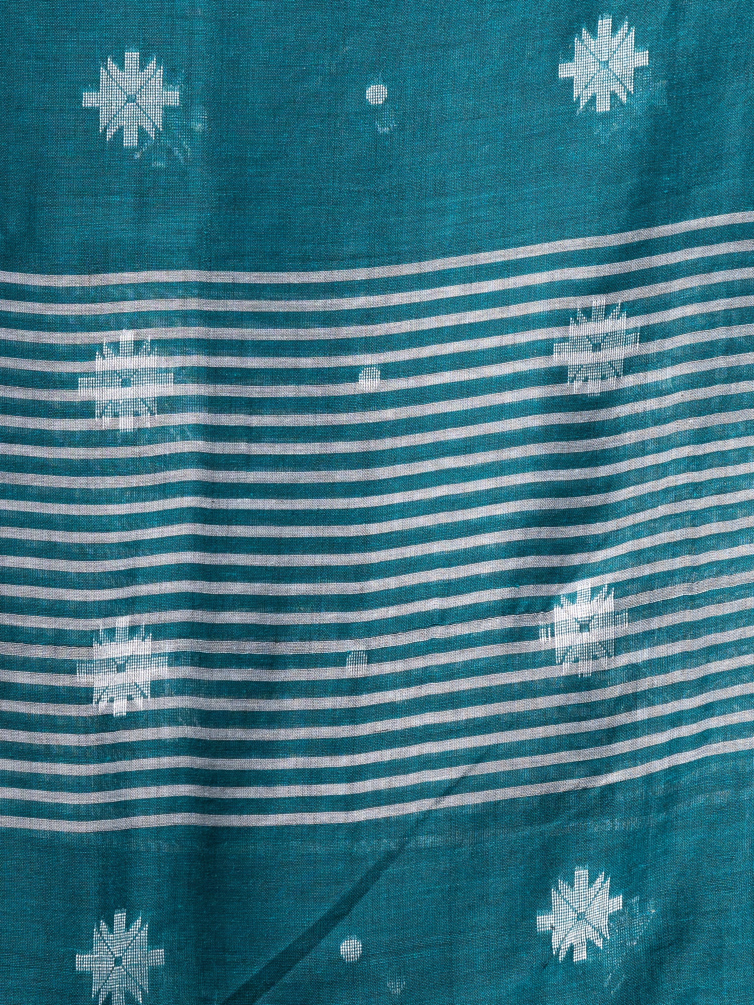 Women's Teal Green Cotton Handloom Saree With White Flower Butta - In Weave Sarees