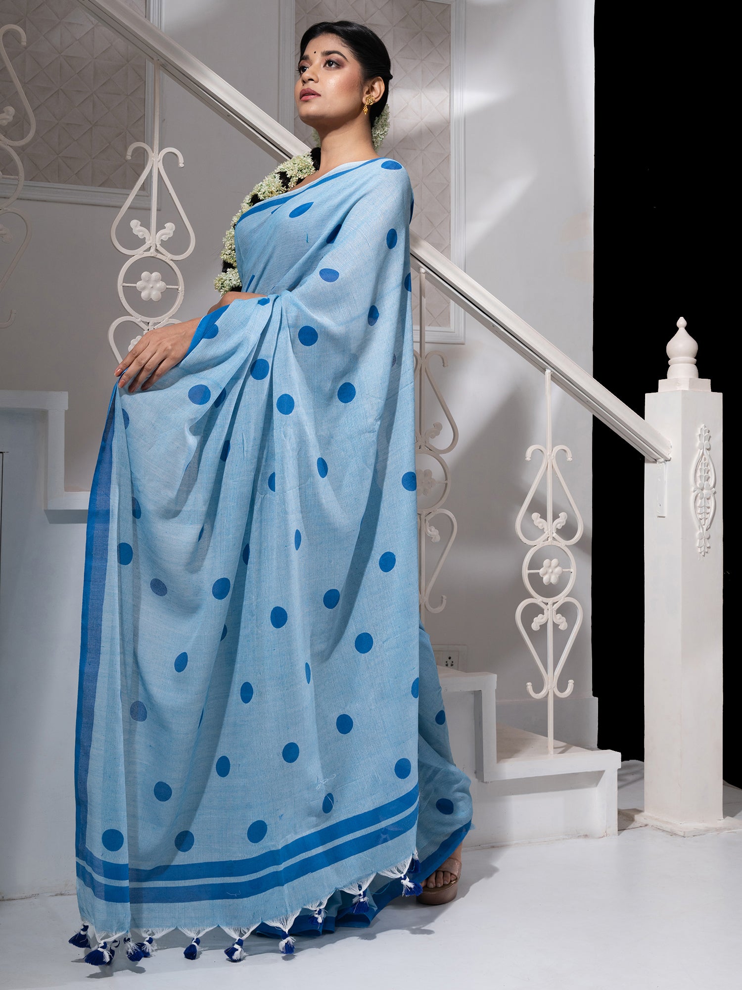 Women's Sky Blue Cotton Saree With All Over Blue Polka Dots - In Weave Sarees