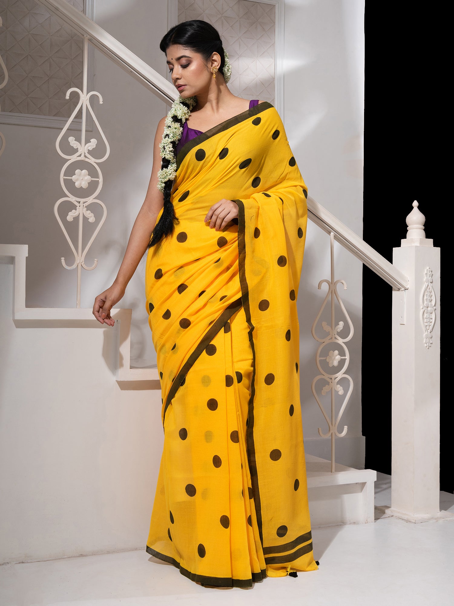 Women's Yellow Cotton Saree With All Over Black Polka Dots - In Weave Sarees