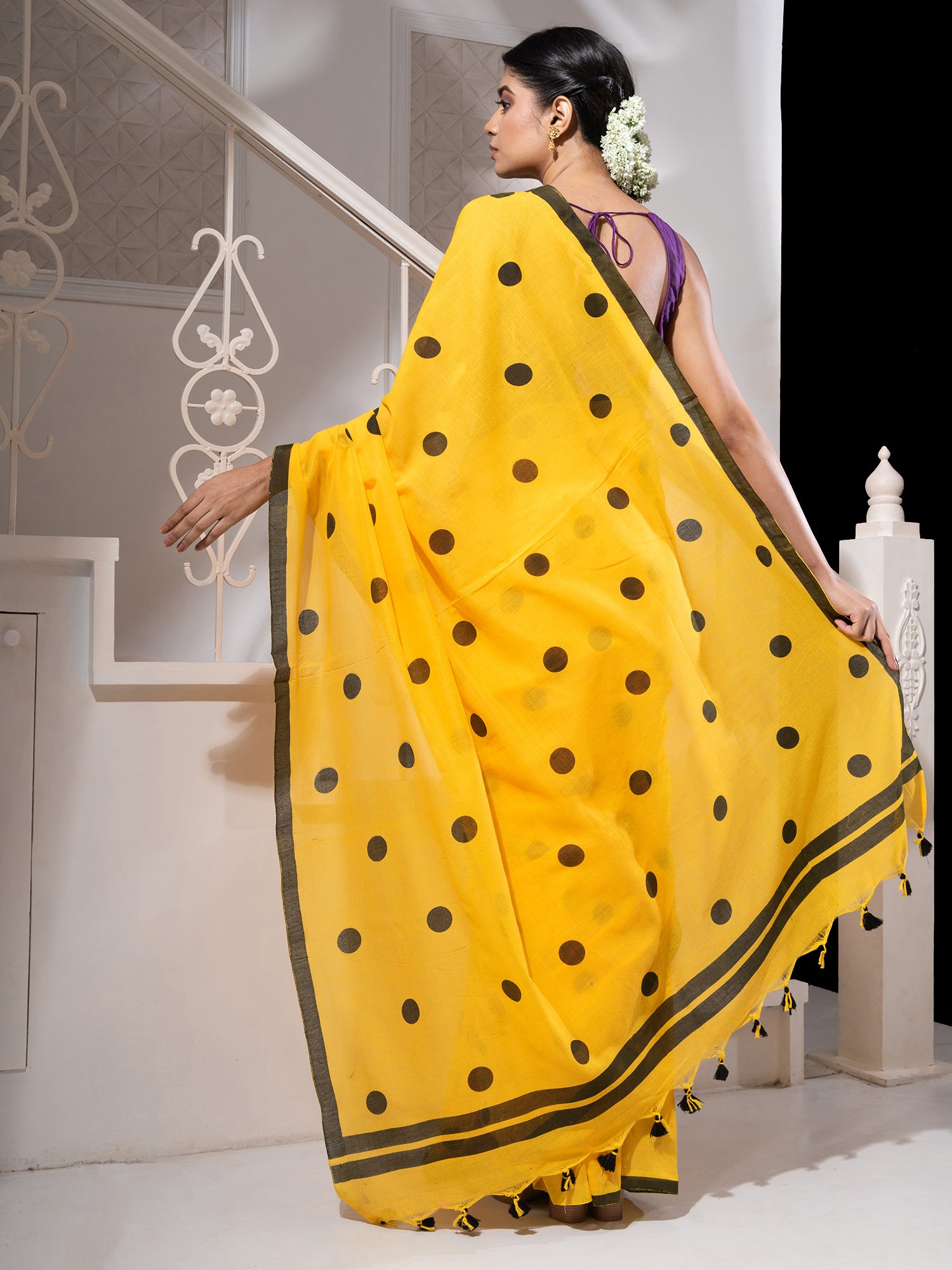 Women's Yellow Cotton Saree With All Over Black Polka Dots - In Weave Sarees