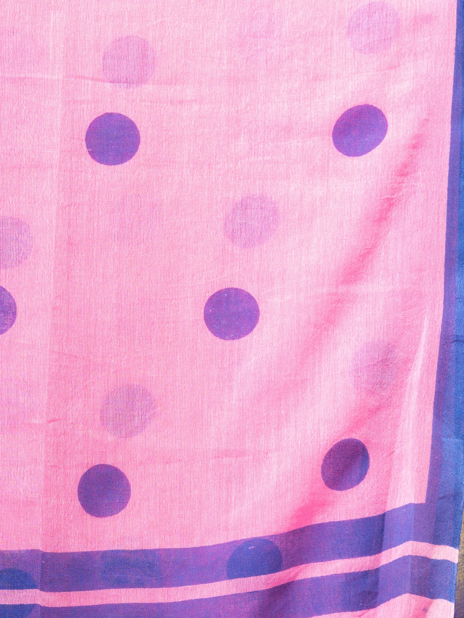 Women's Pink Cotton Saree With All Over Blue Polka Dots - In Weave Sarees