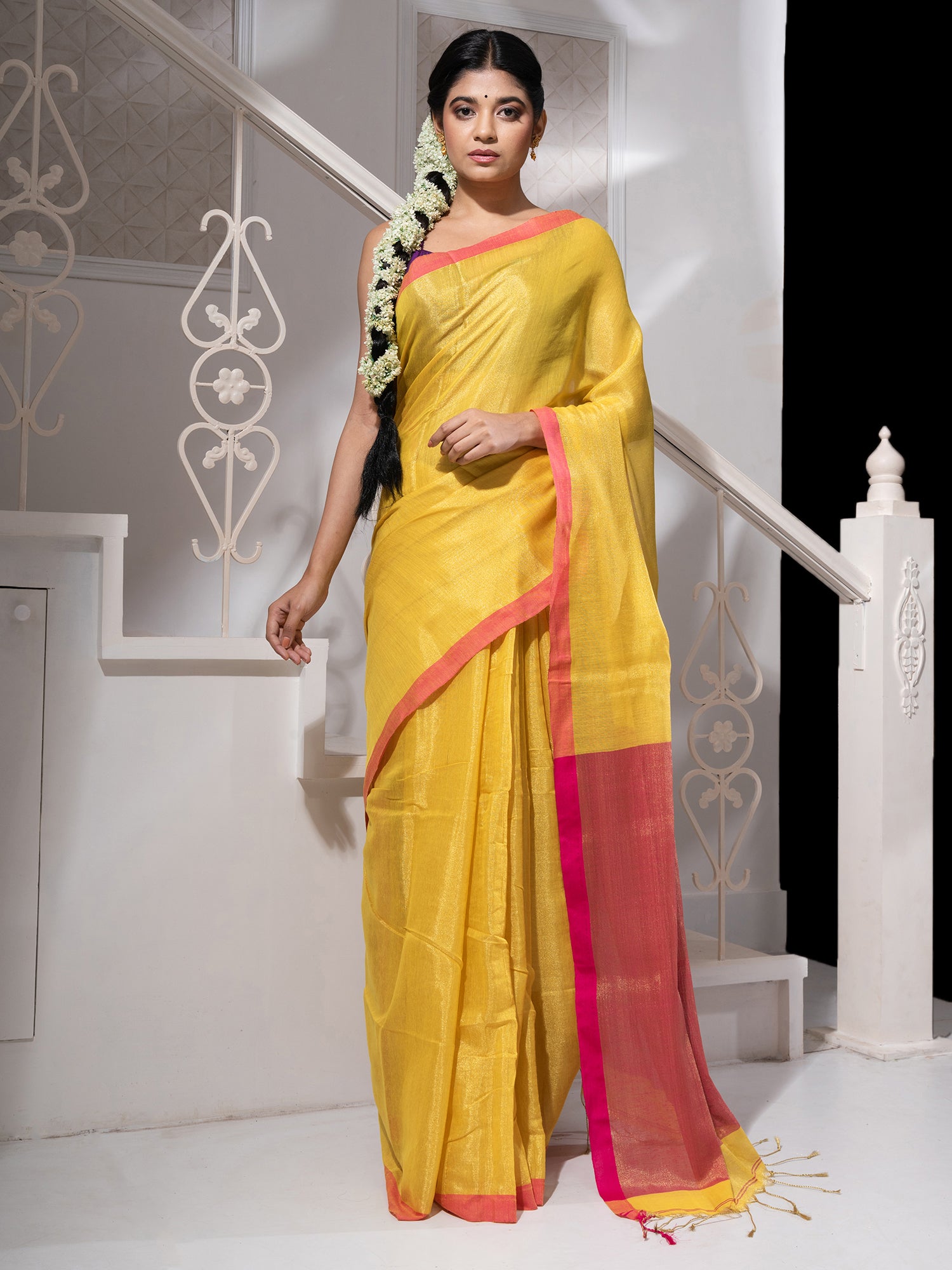 Women's Yellow Tissue Handloom Saree With Pink Border And Pallu - In Weave Sarees