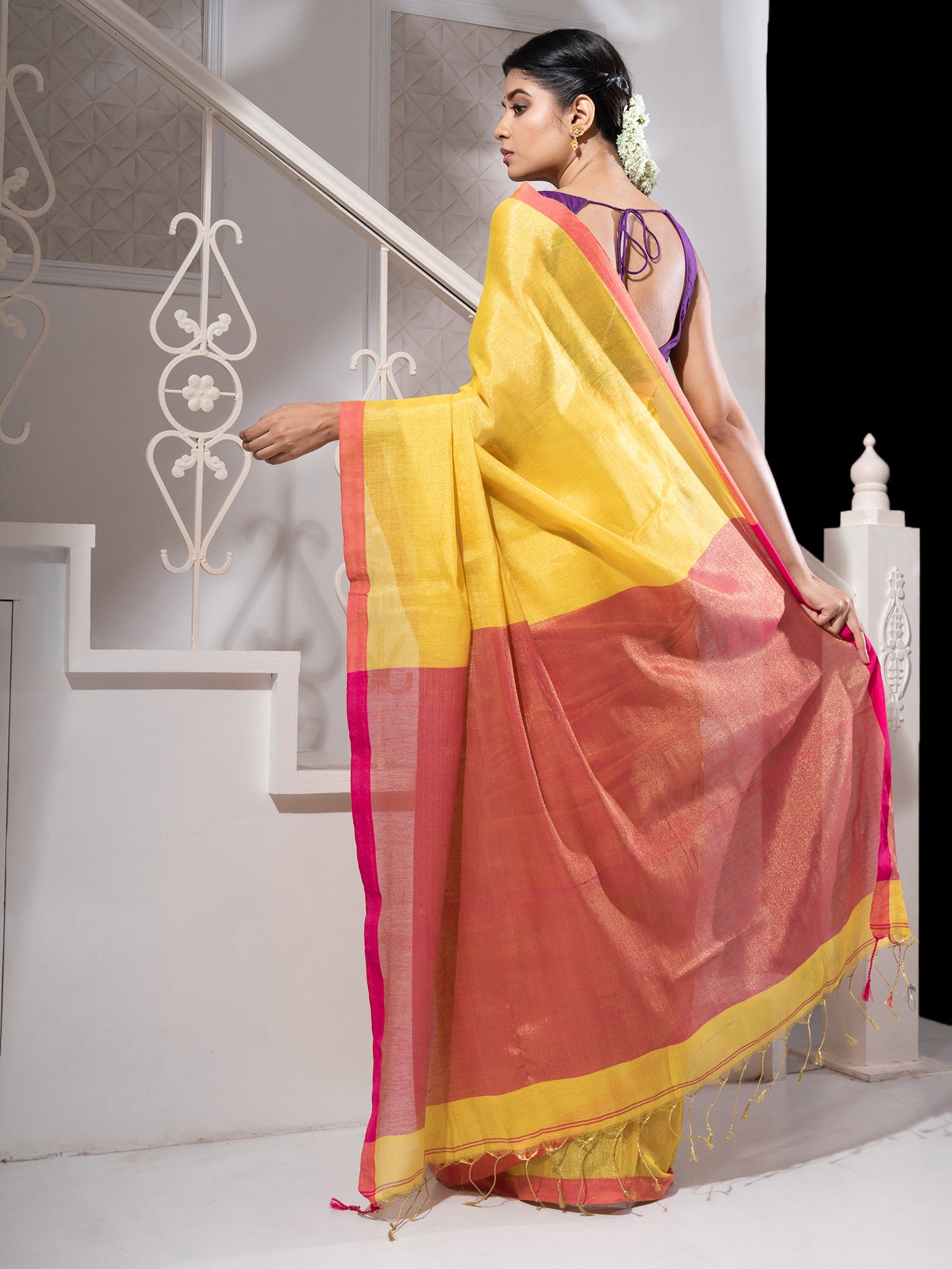 Women's Yellow Tissue Handloom Saree With Pink Border And Pallu - In Weave Sarees