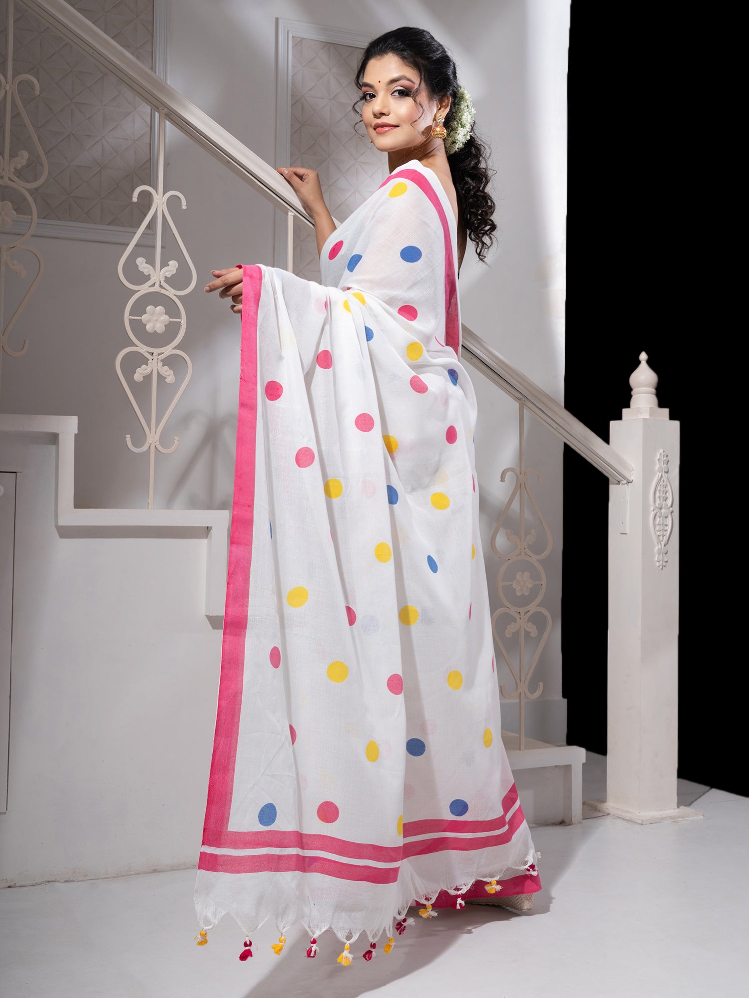 Women's Whitecotton Saree With All Over Multicolor Polka Dots - In Weave Sarees